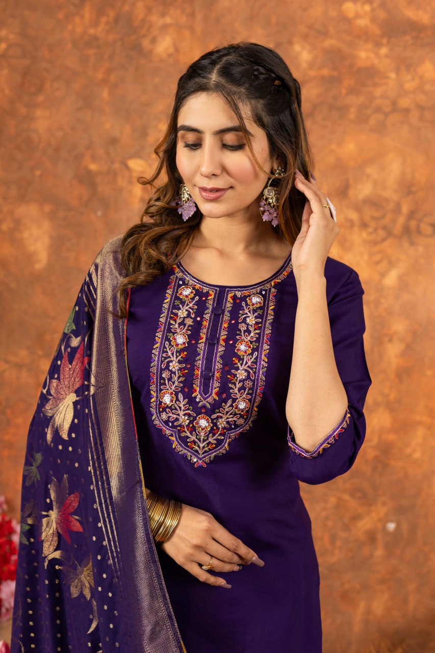 Women's Magenta Embroidered Kurta Pant Set with Jacquard Dupatta | Festive Ethnic Wear