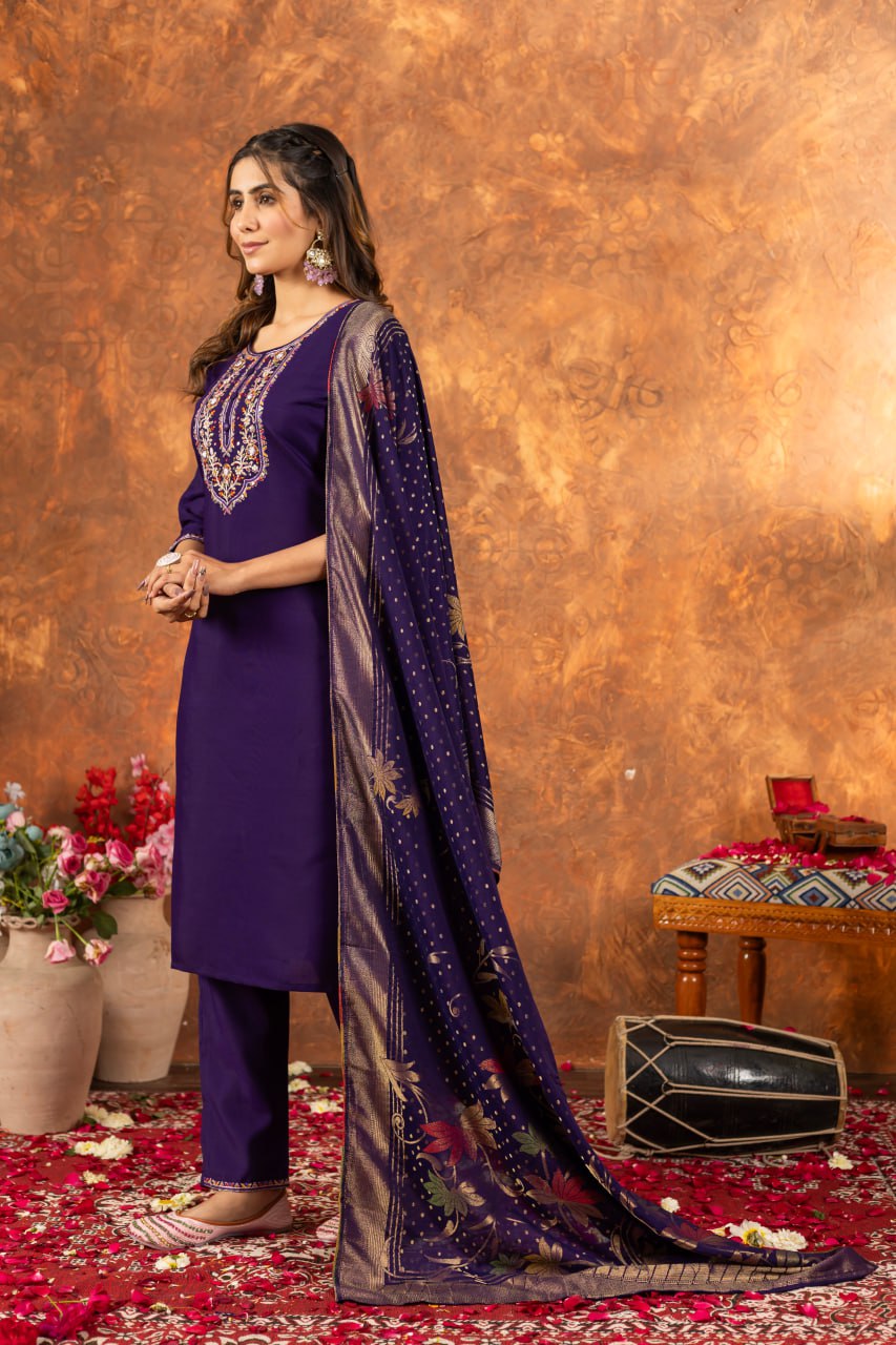 Women's Magenta Embroidered Kurta Pant Set with Jacquard Dupatta | Festive Ethnic Wear