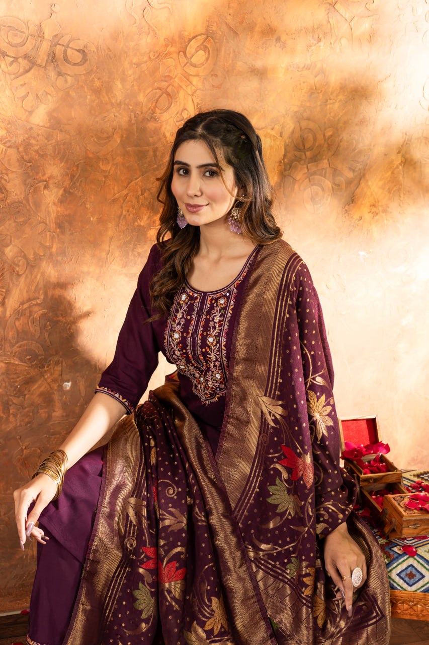 Women's Magenta Embroidered Kurta Pant Set with Jacquard Dupatta | Festive Ethnic Wear