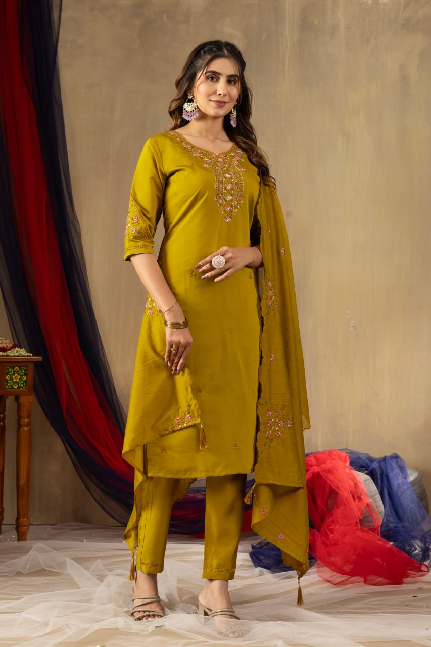 Women's Mustard Yellow Embroidered Kurta Pant Dupatta Set | Elegant Ethnic Wear
