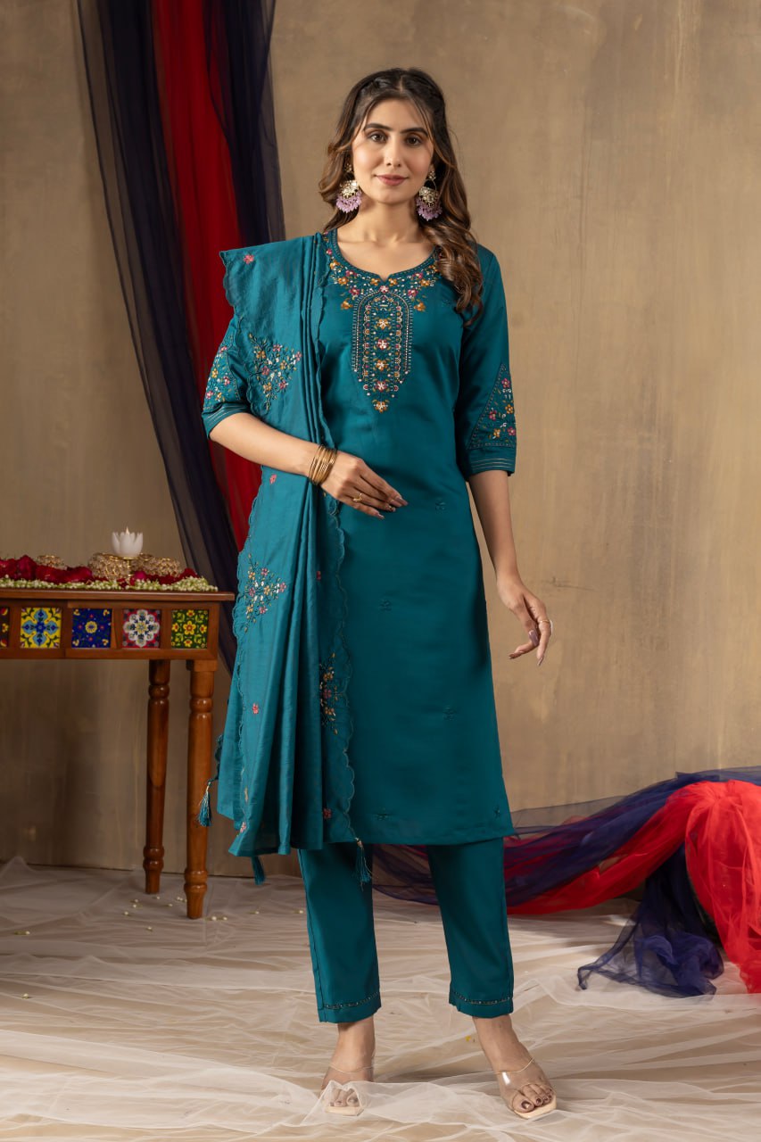Women's Mustard Yellow Embroidered Kurta Pant Dupatta Set | Elegant Ethnic Wear