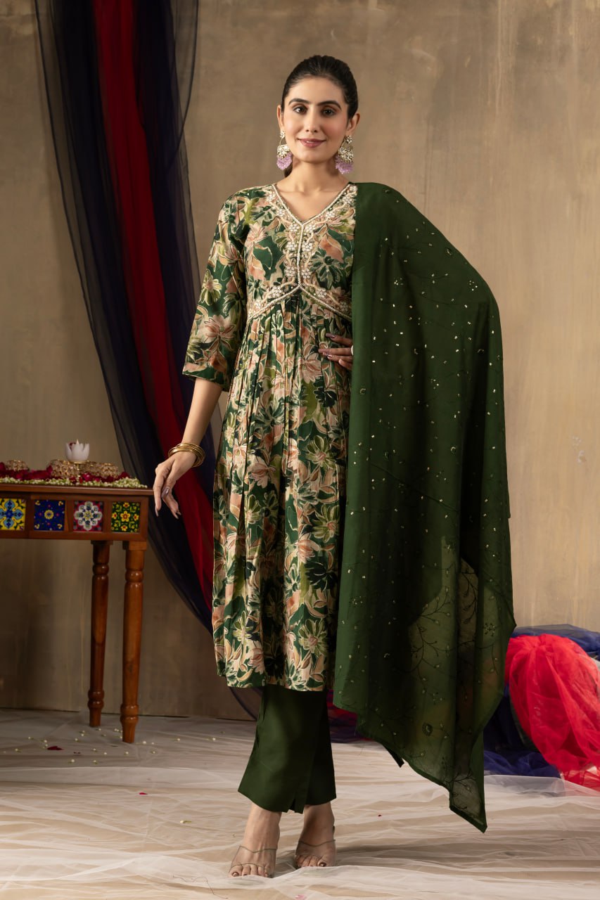 Elegant Teal Embroidered Straight Kurta with Printed Chiffon Dupatta for Women | Ethnic Salwar Suit Set