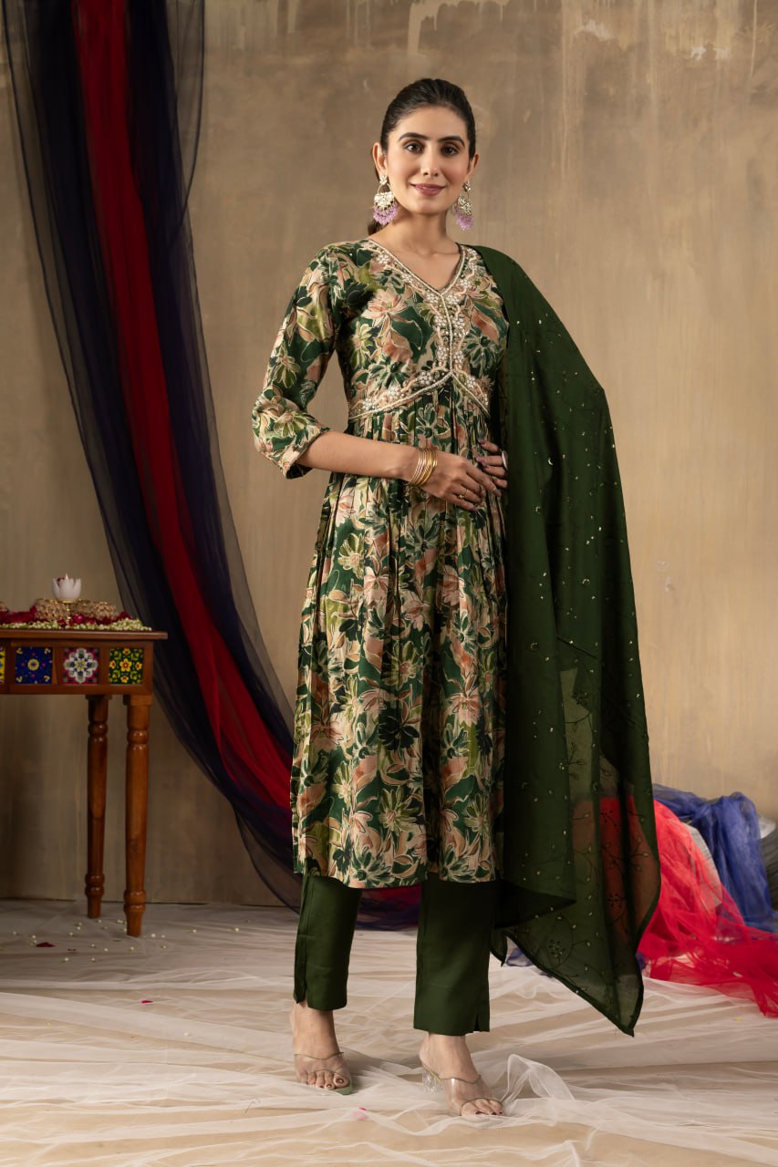 Elegant Teal Embroidered Straight Kurta with Printed Chiffon Dupatta for Women | Ethnic Salwar Suit Set