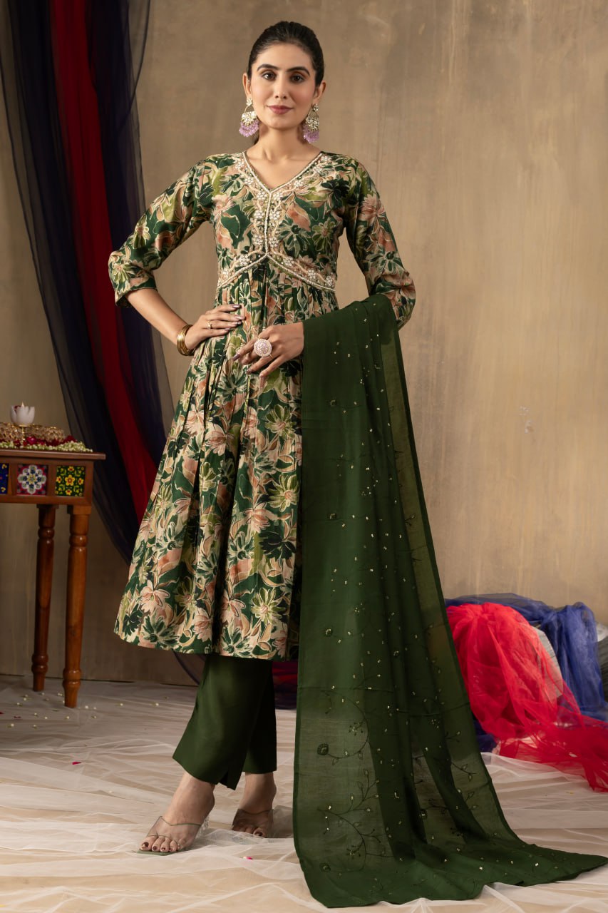 Elegant Teal Embroidered Straight Kurta with Printed Chiffon Dupatta for Women | Ethnic Salwar Suit Set
