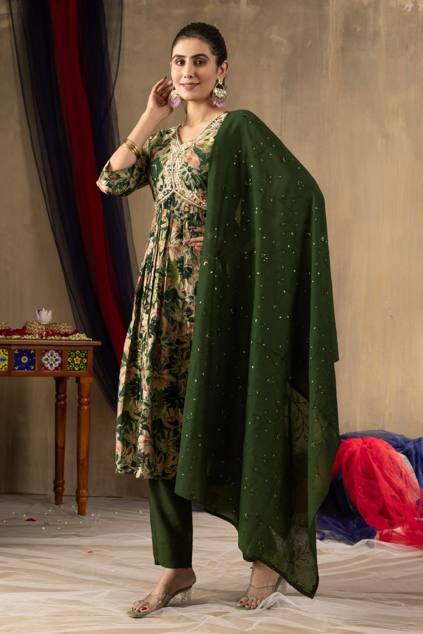 Elegant Teal Embroidered Straight Kurta with Printed Chiffon Dupatta for Women | Ethnic Salwar Suit Set