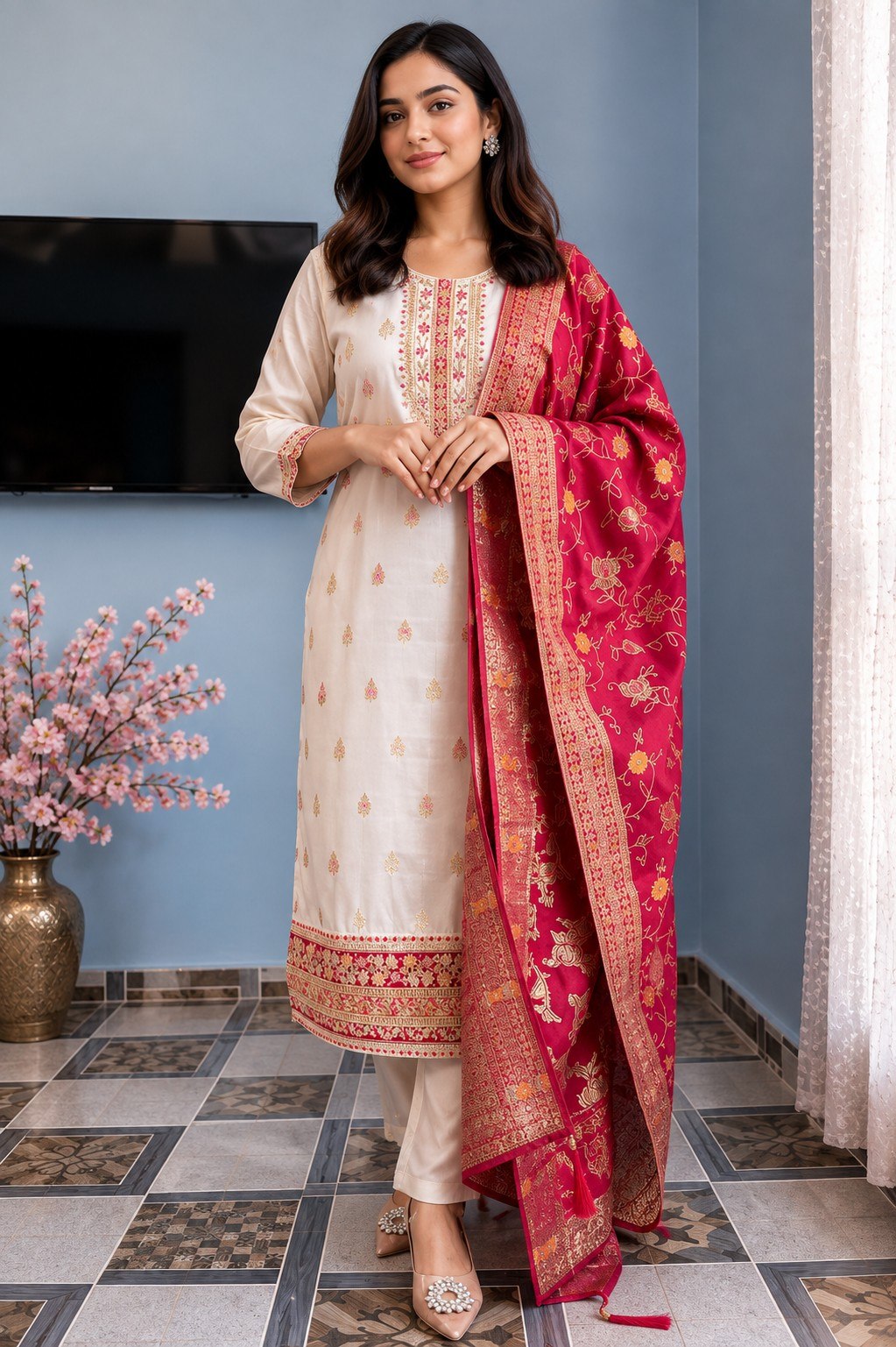 Women's Off White Embroidered Kurta Pant Set with Magenta Jacquard Dupatta | Ethnic Festive Wear