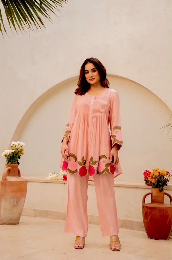 Premium Pink Floral Embroidered Kurta Palazzo Set for Women