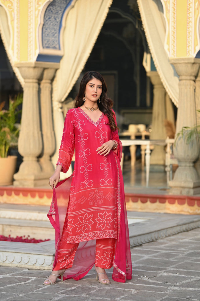 ILARAA Women's Soft Chinnon Silk Printed & Embroidered Kurta Pant Set with Nazmeen Dupatta | Premium Ethnic Wear