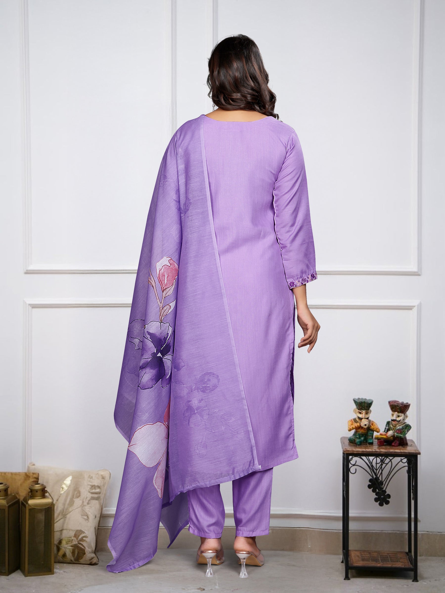 ILARAA Women's Lavender Embroidered Soft Rayon Slub Kurta Pant Set with Chanderi Cotton Dupatta | Premium Ethnic Wear