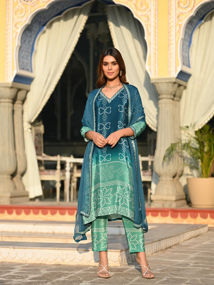 ILARAA Women's Soft Chinnon Silk Printed & Embroidered Kurta Pant Set with Nazmeen Dupatta | Premium Ethnic Wear