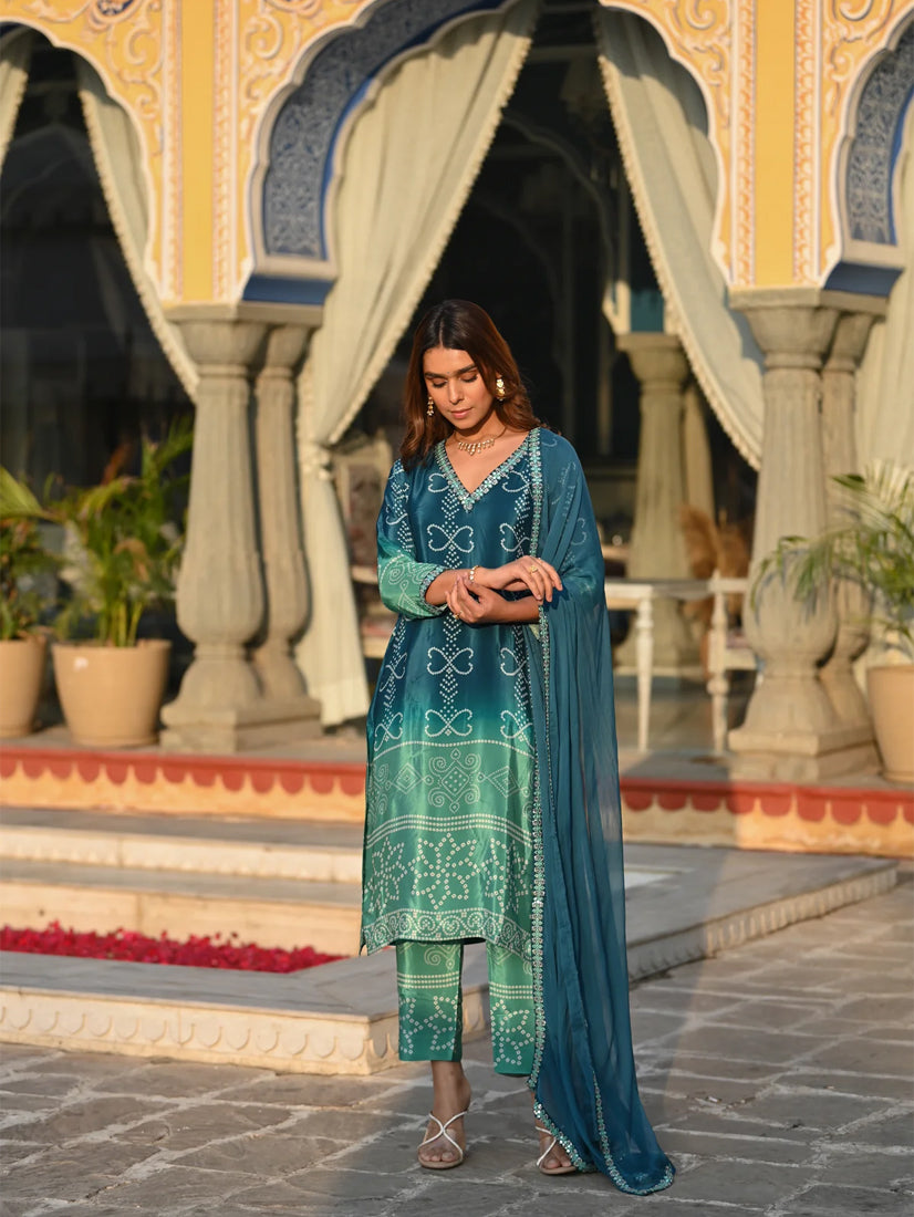 ILARAA Women's Soft Chinnon Silk Printed & Embroidered Kurta Pant Set with Nazmeen Dupatta | Premium Ethnic Wear