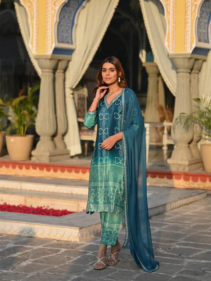 ILARAA Women's Soft Chinnon Silk Printed & Embroidered Kurta Pant Set with Nazmeen Dupatta | Premium Ethnic Wear