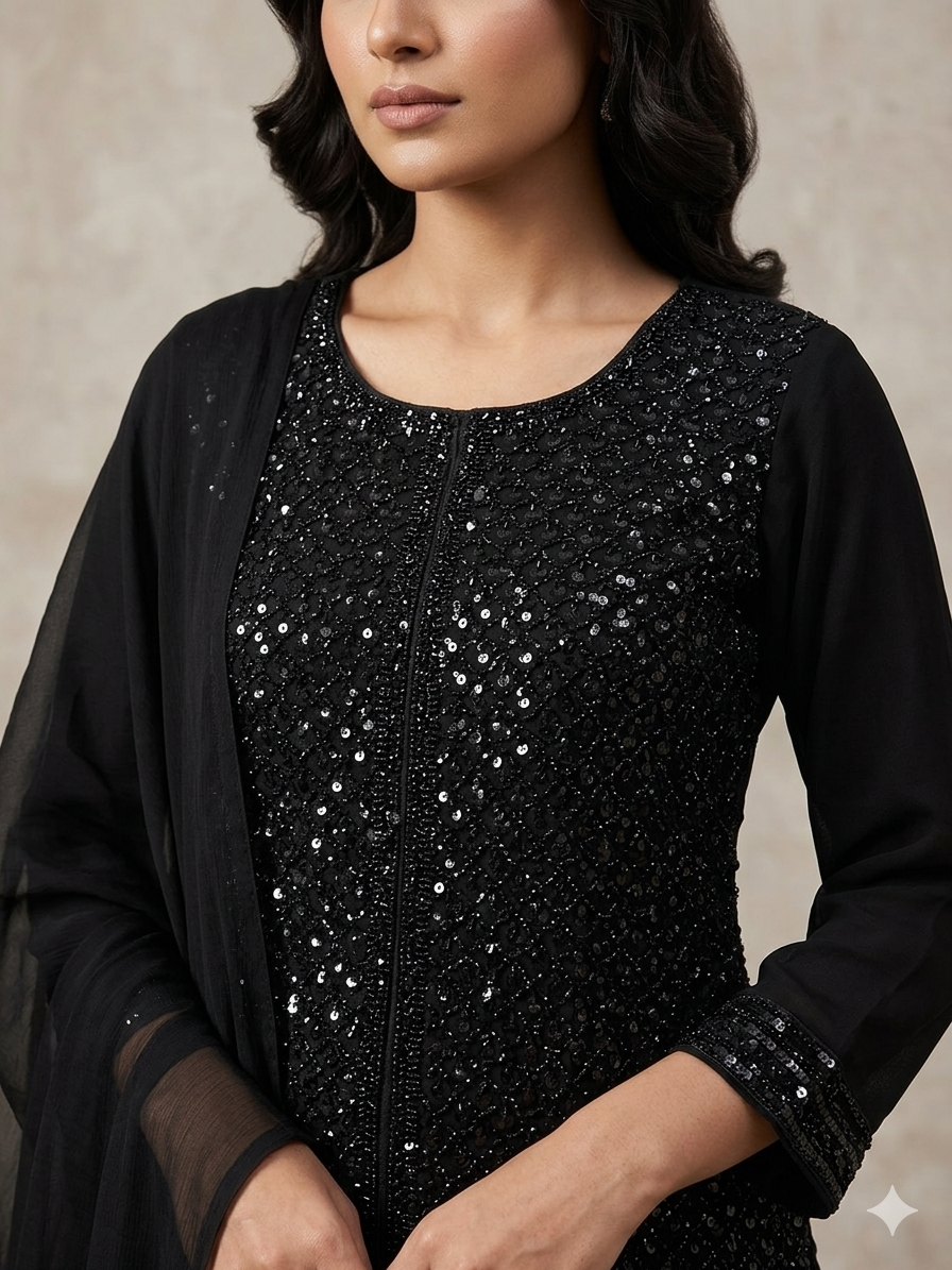 Black Sequin Embroidered Anarkali Suit Set with Dupatta | Designer Ethnic Wear