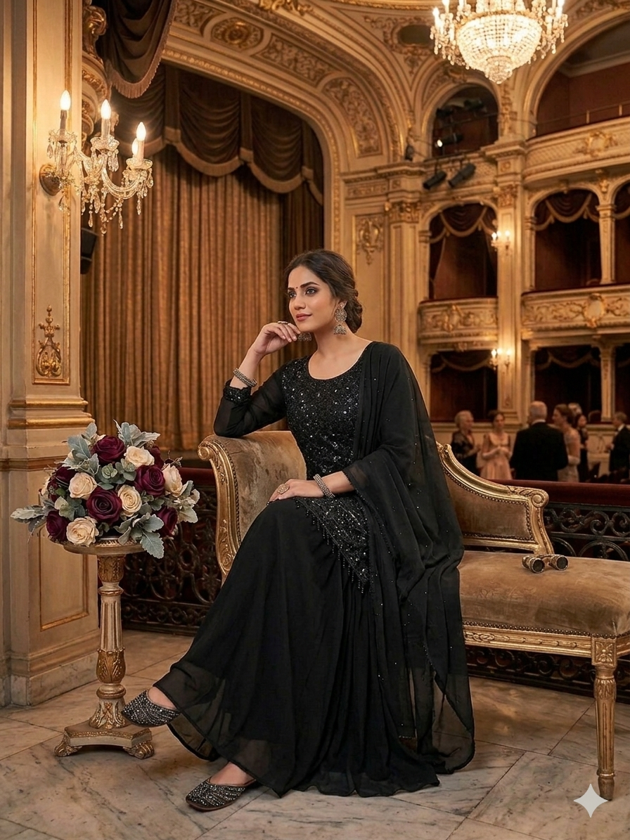 Black Sequin Embroidered Anarkali Suit Set with Dupatta | Designer Ethnic Wear