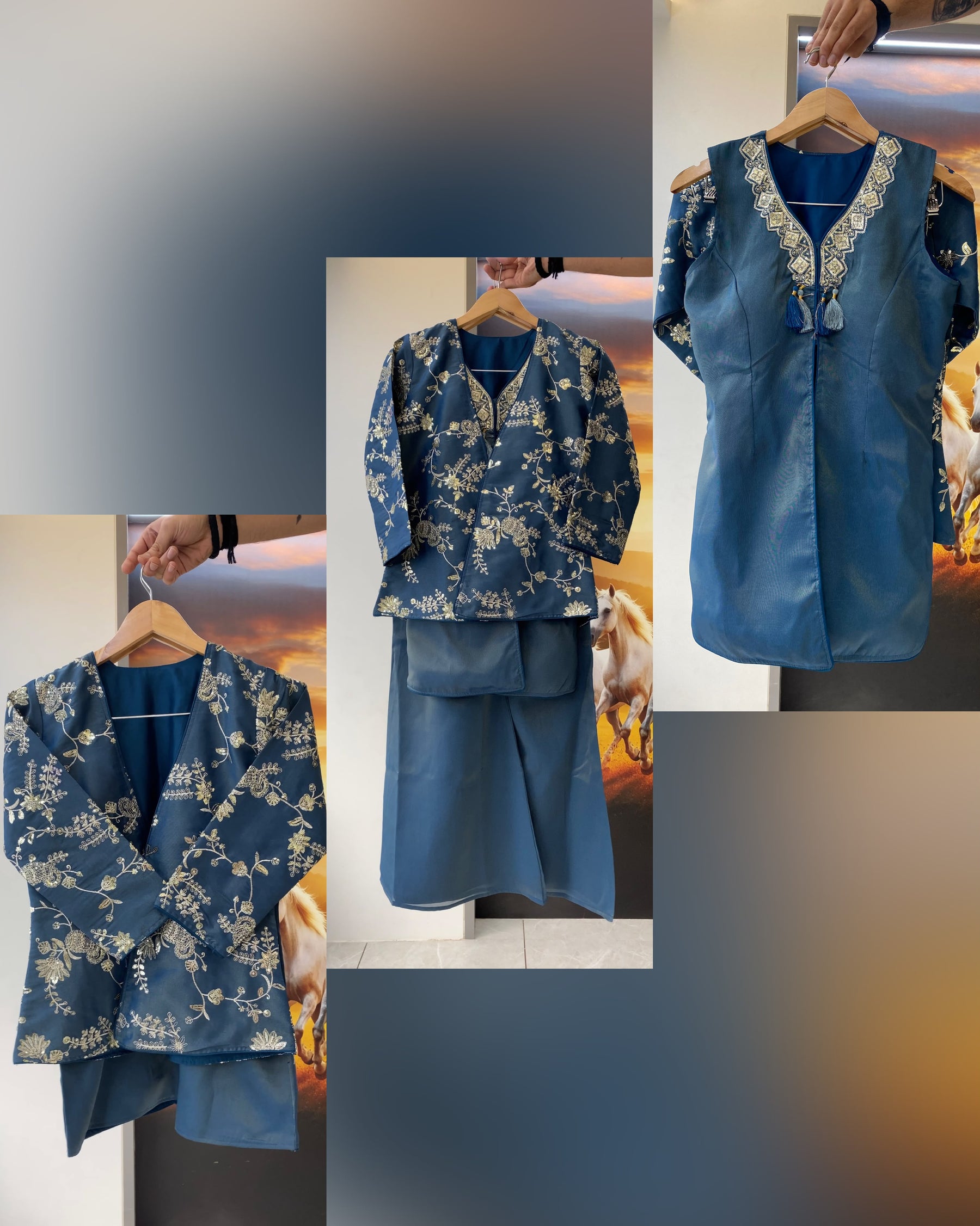 Designer Blue Embroidered Kurti Palazzo Set | Floral Sequin & Bead Work