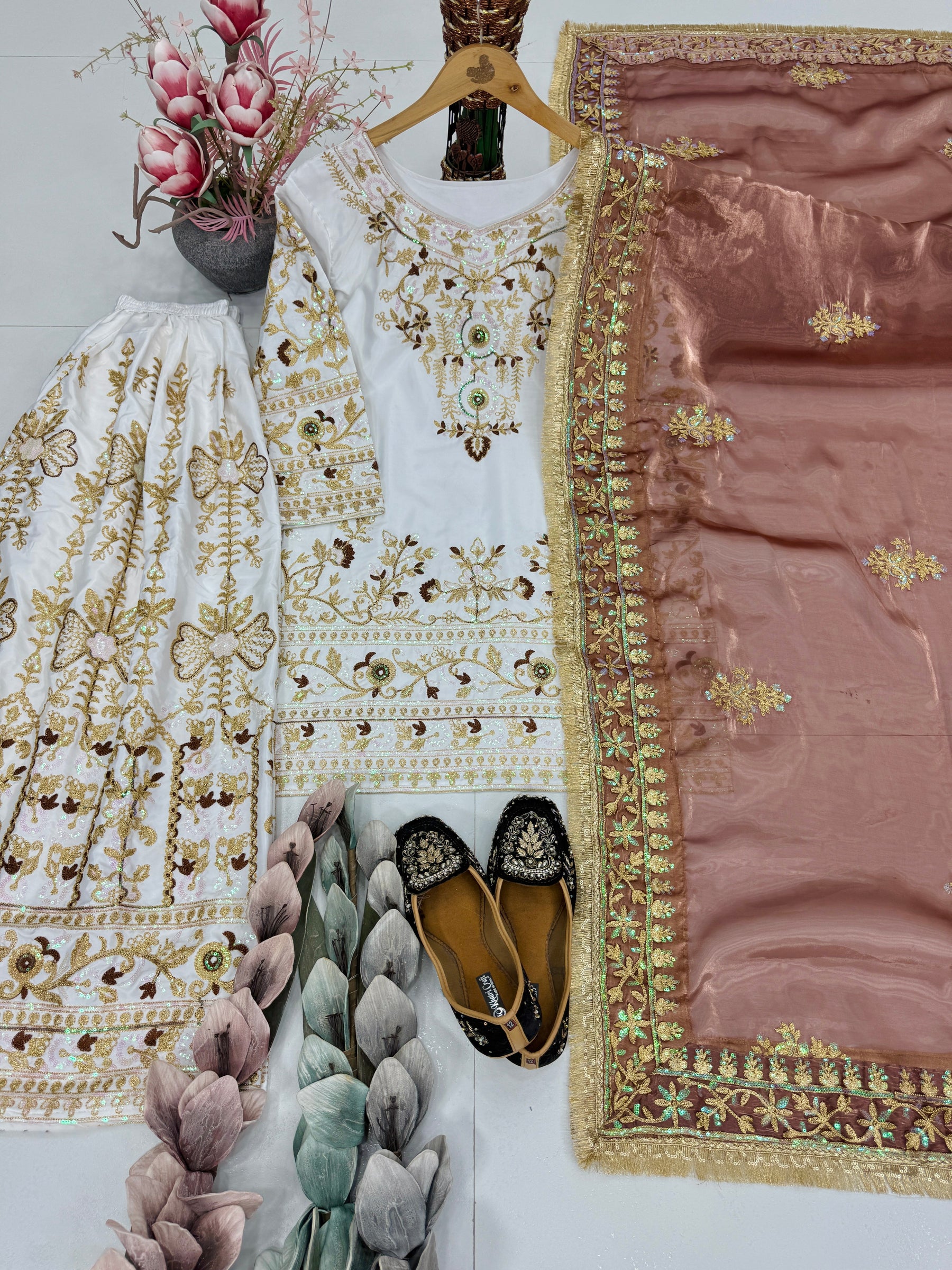 Luxury Embroidered Pakistani Salwar Suit with Palazzo & Brown Organza Dupatta – Wedding Party Wear for Women