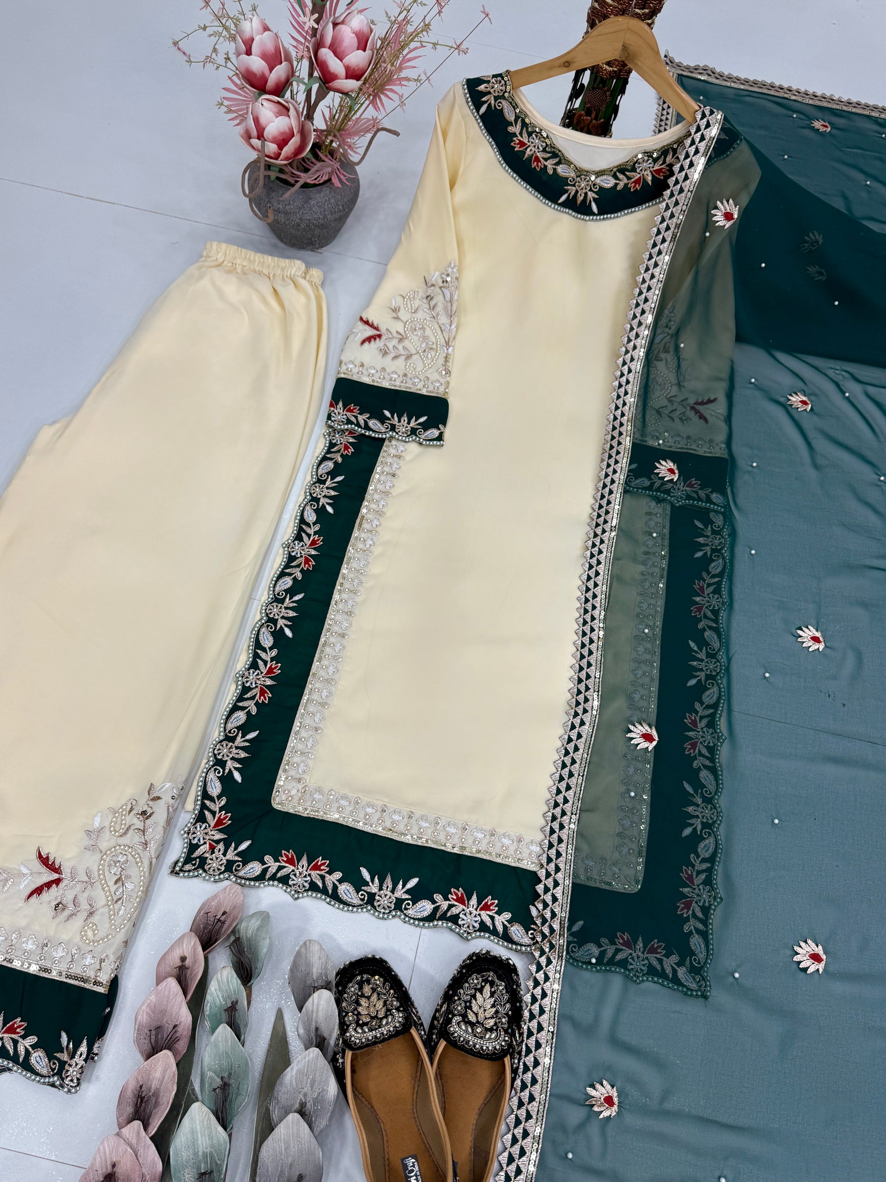 Elegant Ivory & Emerald Green Embroidered Pakistani Salwar Suit with Chiffon Dupatta