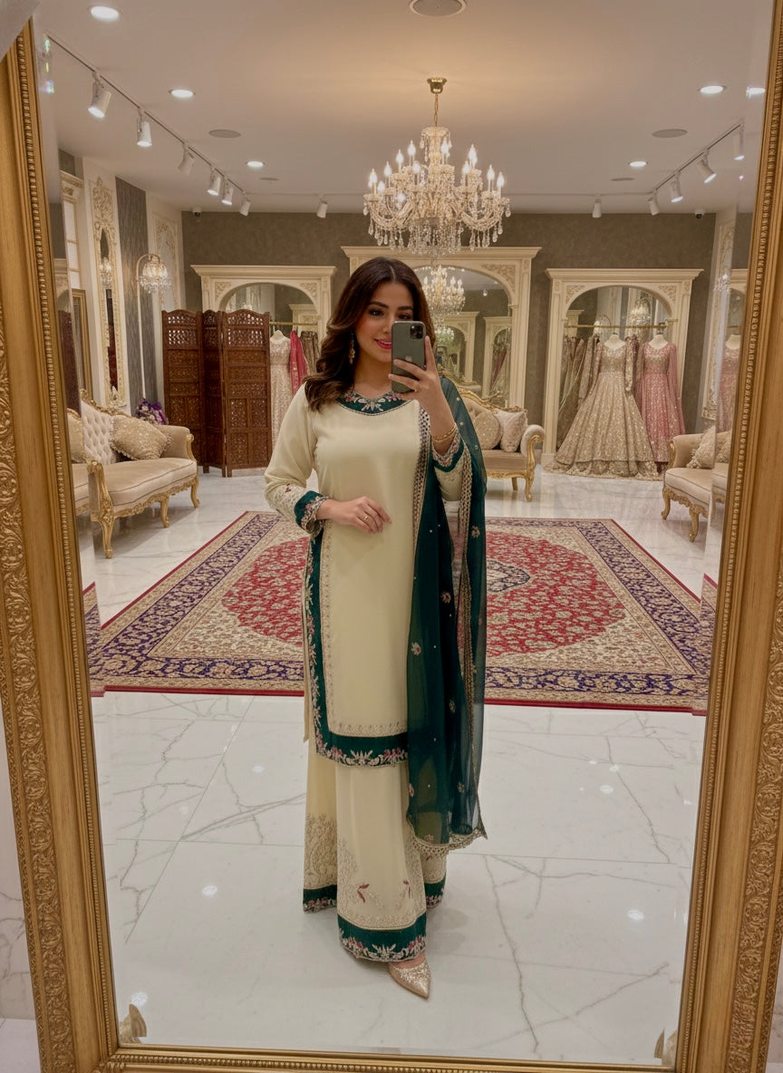 Elegant Ivory & Emerald Green Embroidered Pakistani Salwar Suit with Chiffon Dupatta