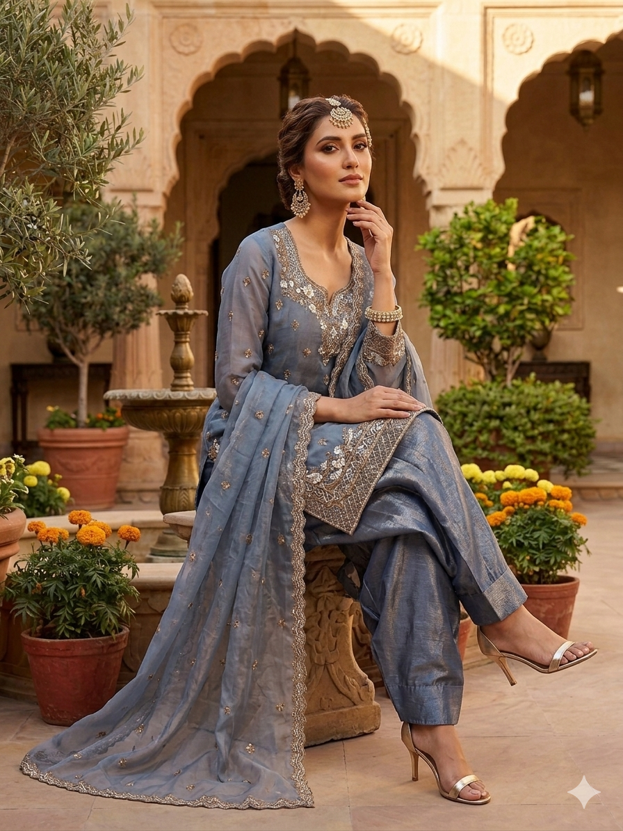 Designer Blue Grey Embroidered 3 Piece Suit Set with Dupatta