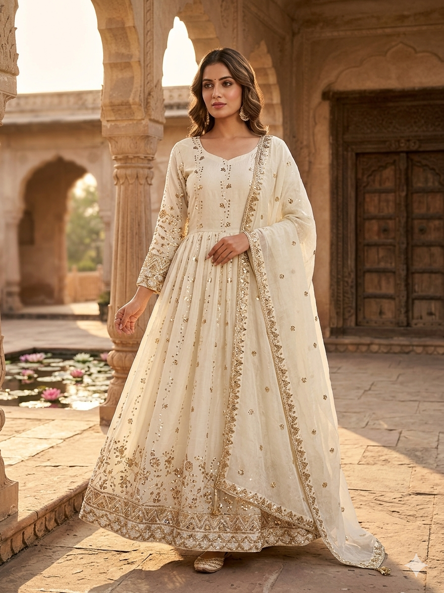 Designer Ivory Embroidered Anarkali Suit Set with Dupatta