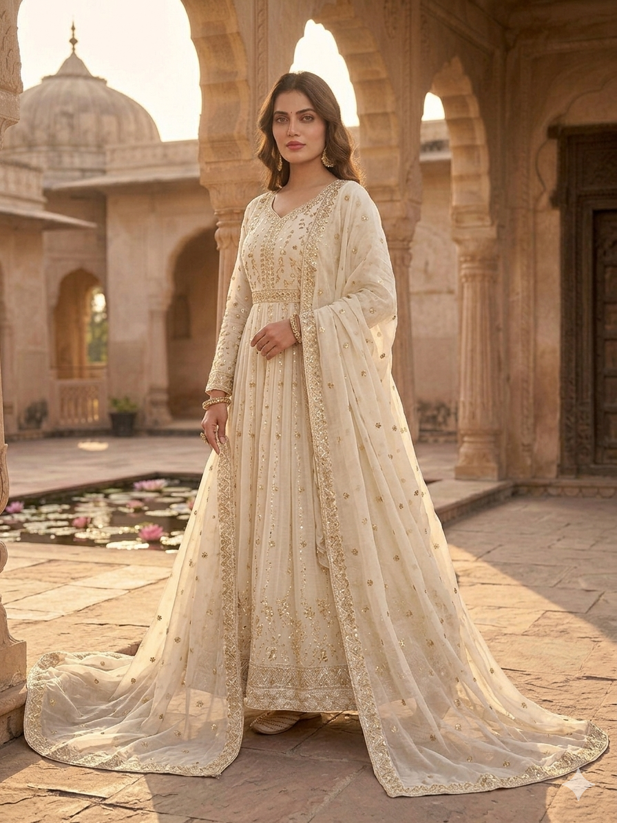 Designer Ivory Embroidered Anarkali Suit Set with Dupatta