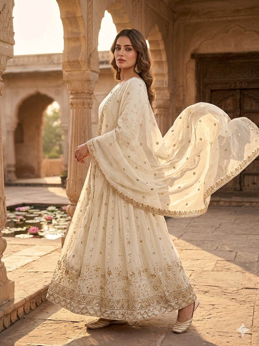 Designer Ivory Embroidered Anarkali Suit Set with Dupatta