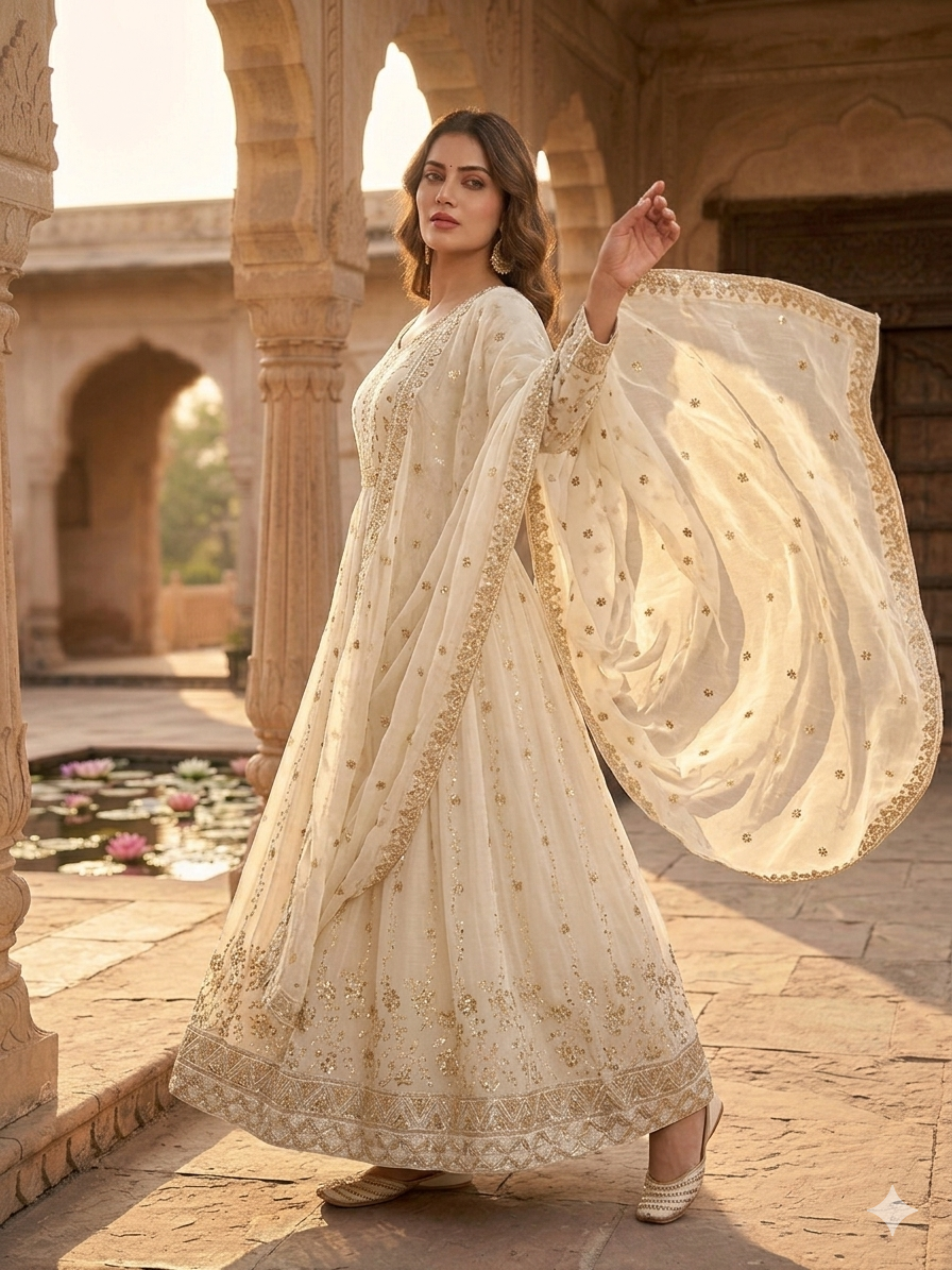 Designer Ivory Embroidered Anarkali Suit Set with Dupatta