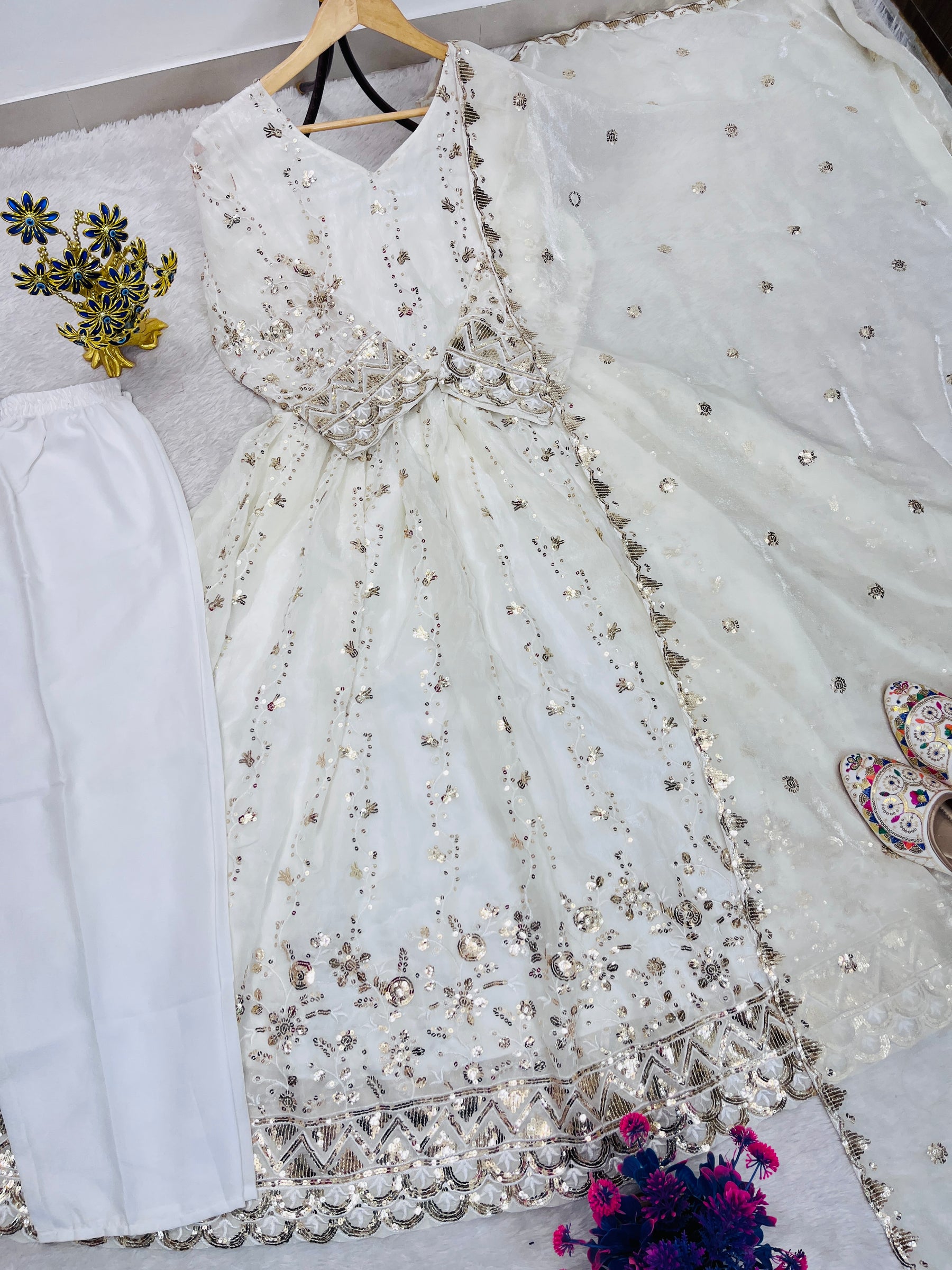 Designer Ivory Embroidered Anarkali Suit Set with Dupatta