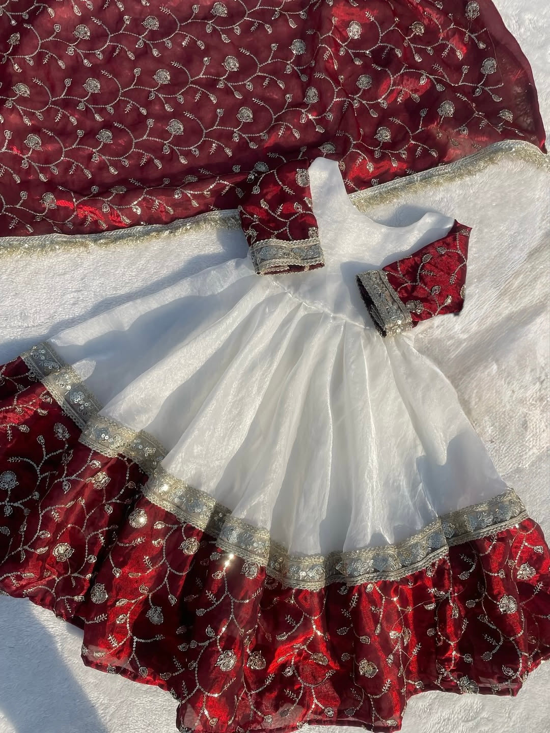 Designer Maroon & White Embroidered 3 Piece Anarkali Suit Set with Dupatta