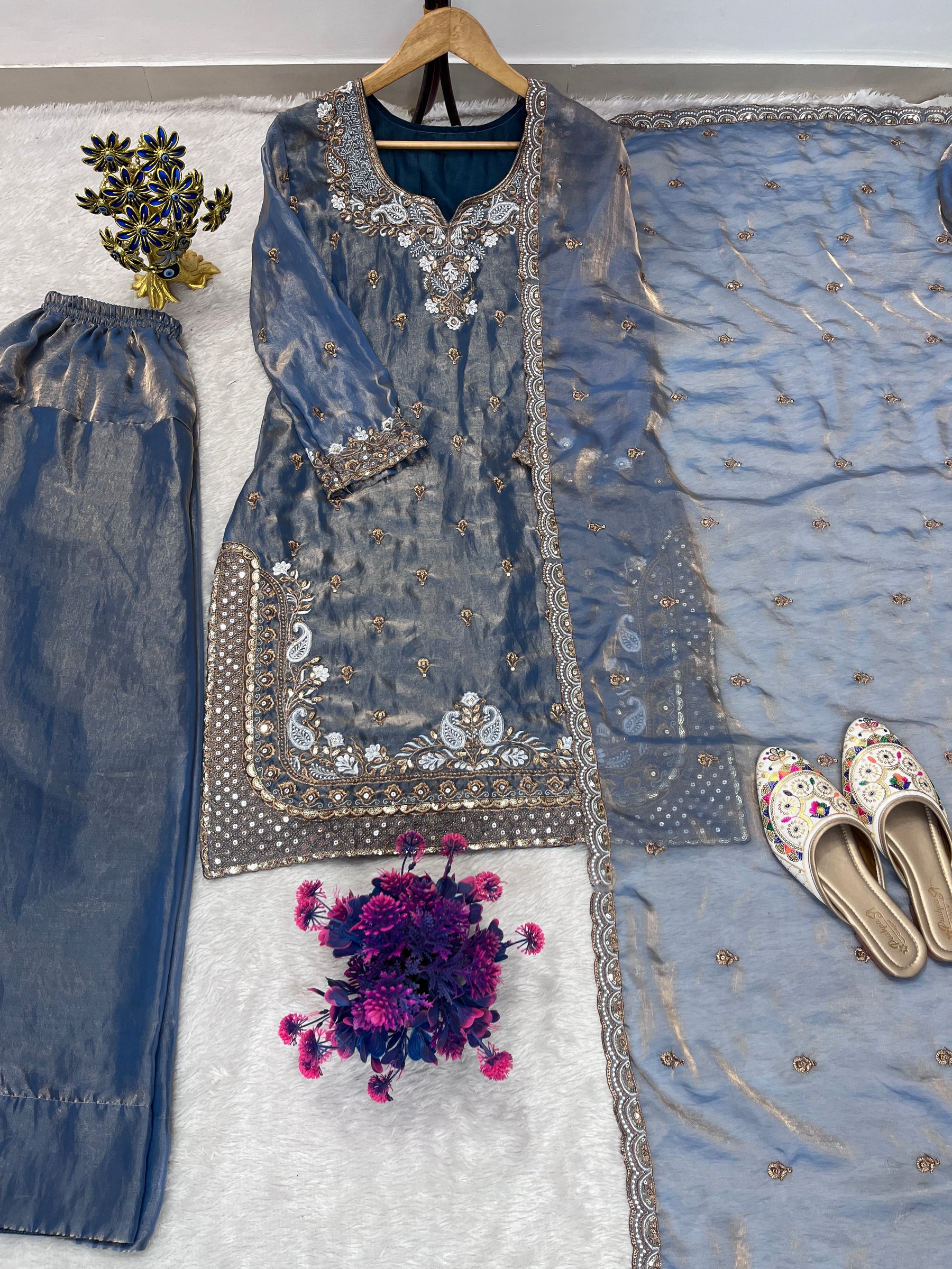 Designer Blue Grey Embroidered 3 Piece Suit Set with Dupatta
