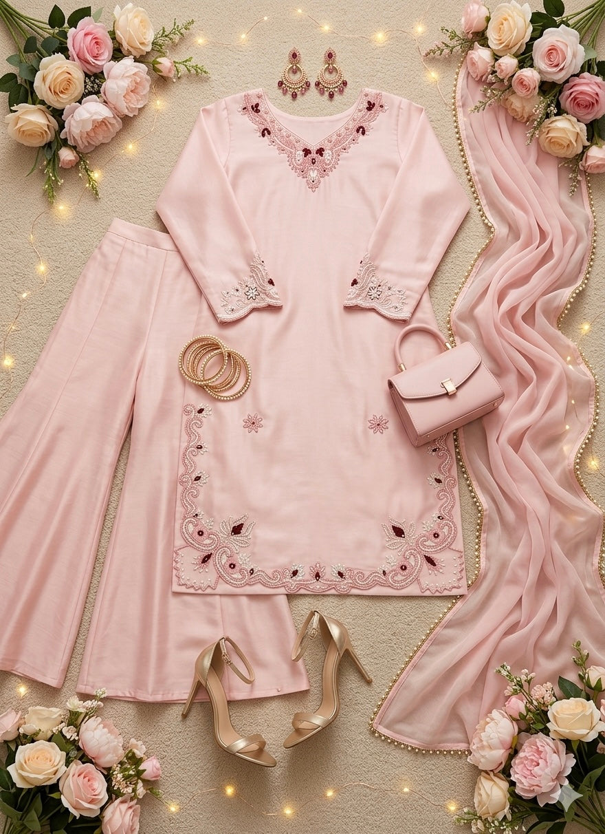 Heavy Embroidery Work Pink Pakistani Suit Set | 3 Piece Salwar Suit with Dupatta