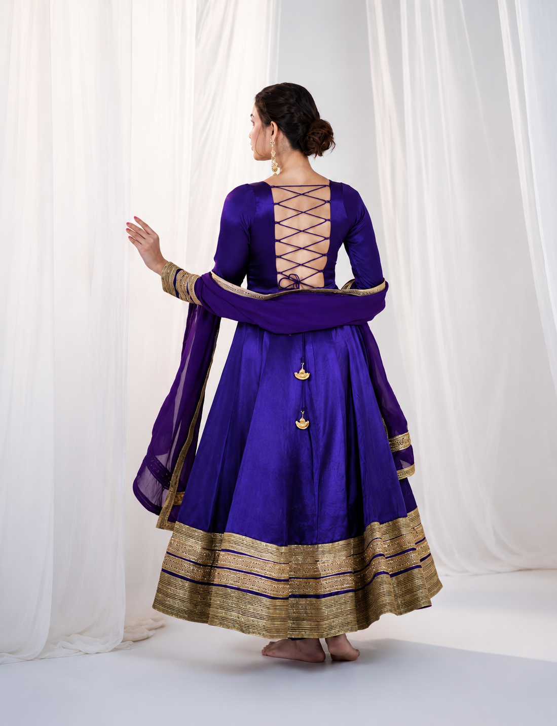 Purple Designer Anarkali Gown Dress with Golden Border Work | Ethnic Party Wear