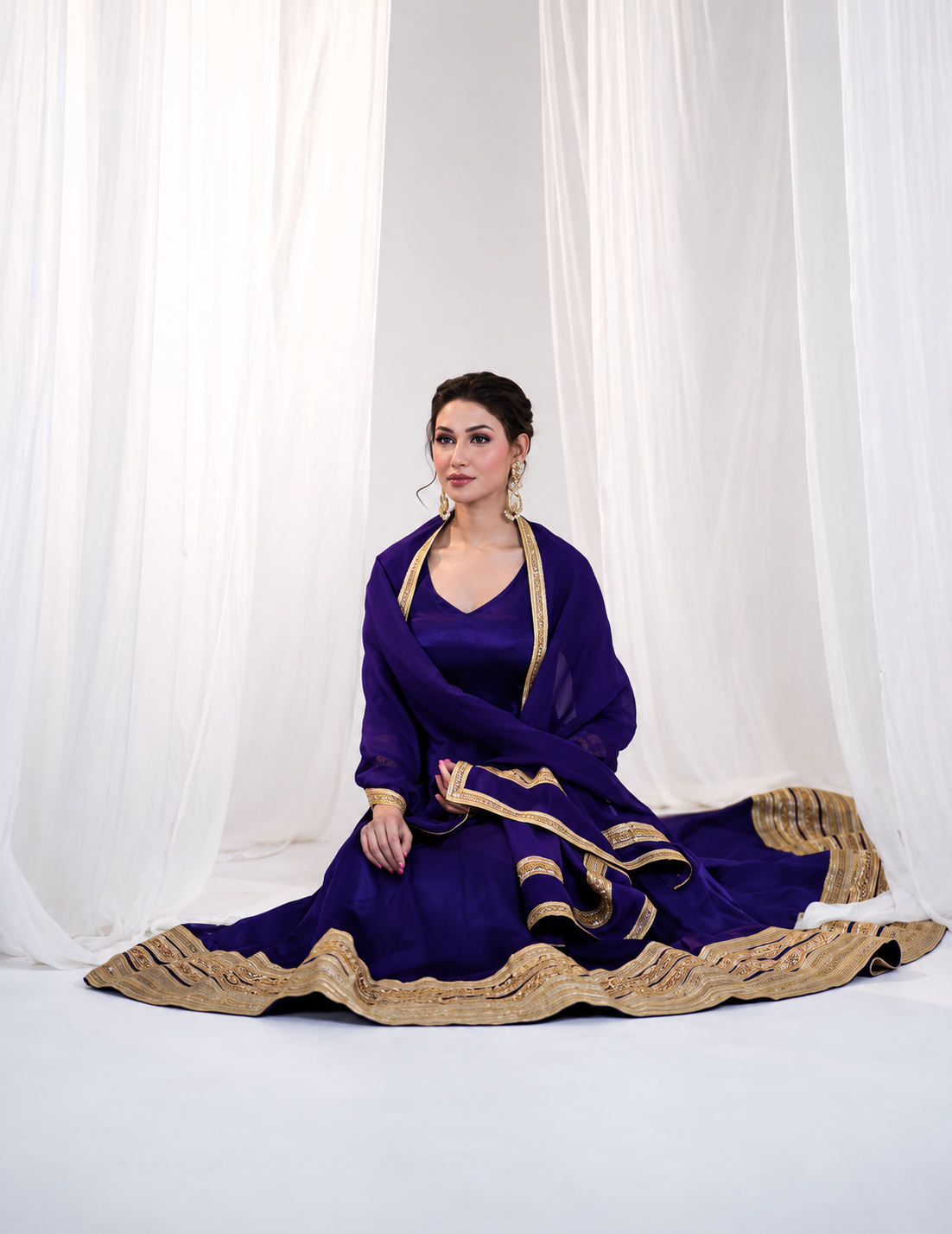 Purple Designer Anarkali Gown Dress with Golden Border Work | Ethnic Party Wear