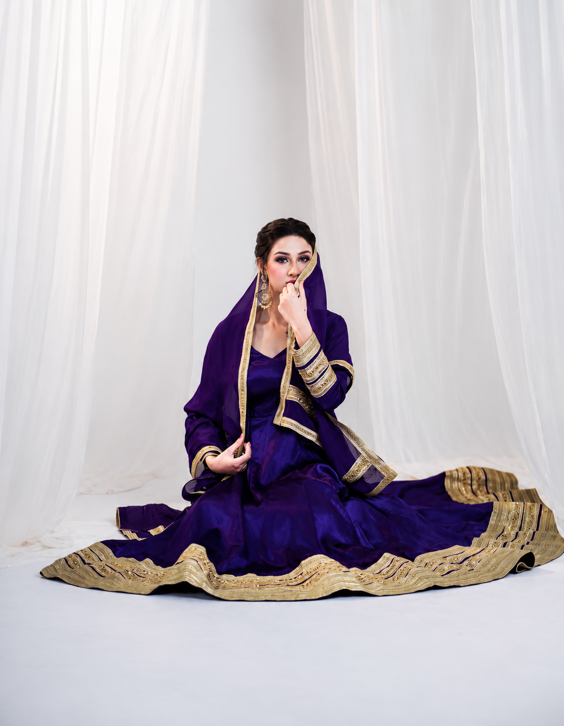 Purple Designer Anarkali Gown Dress with Golden Border Work | Ethnic Party Wear