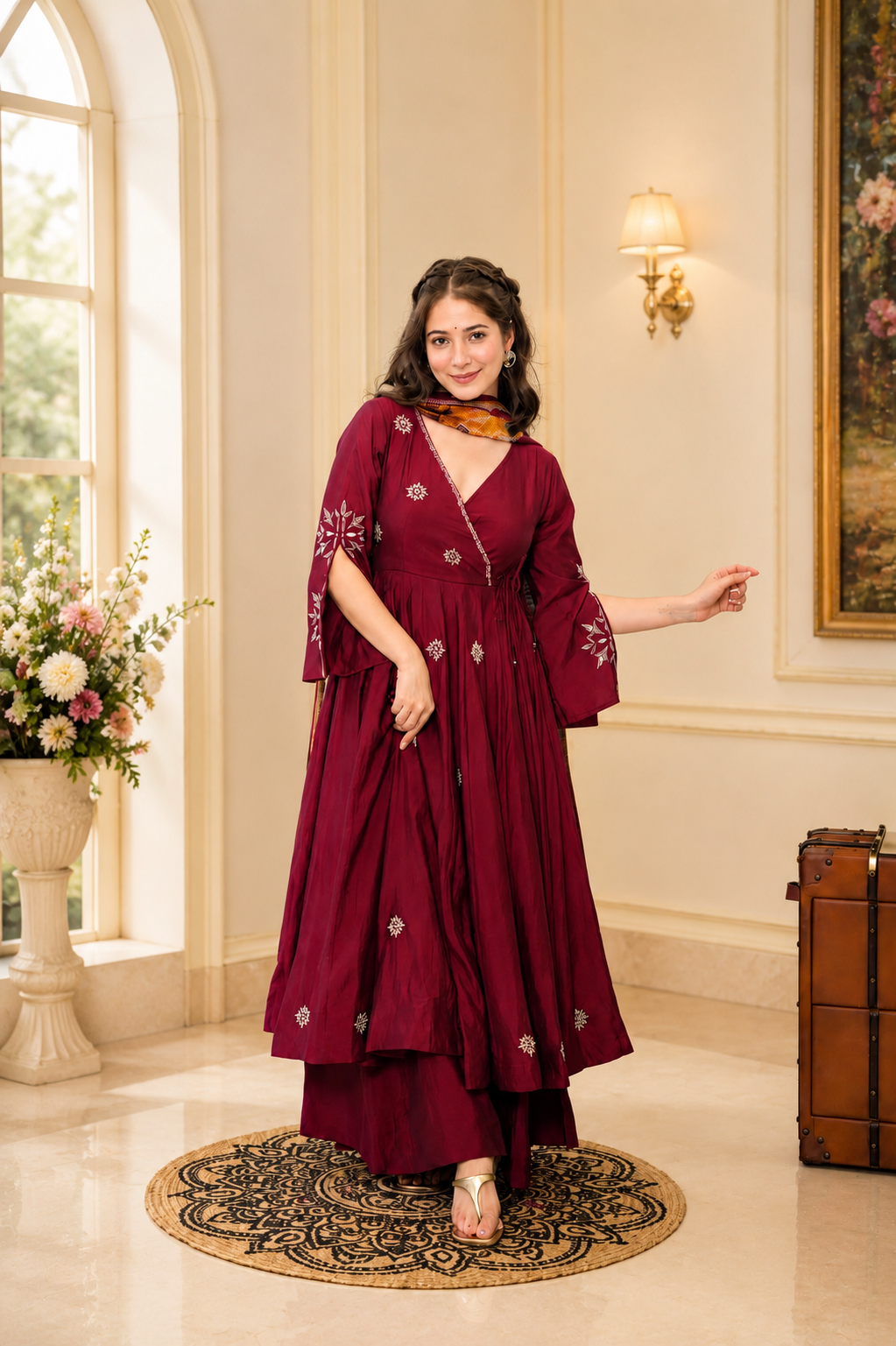 Maroon Embroidered Anarkali Kurta Set with Printed Dupatta