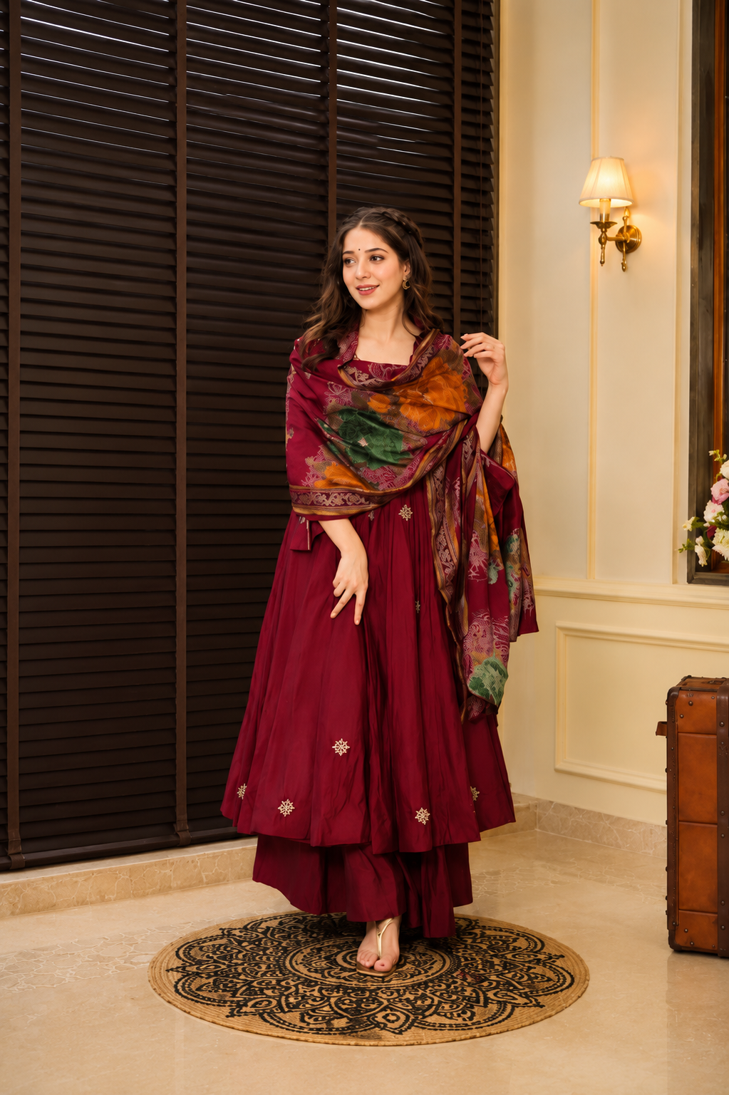 Maroon Embroidered Anarkali Kurta Set with Printed Dupatta