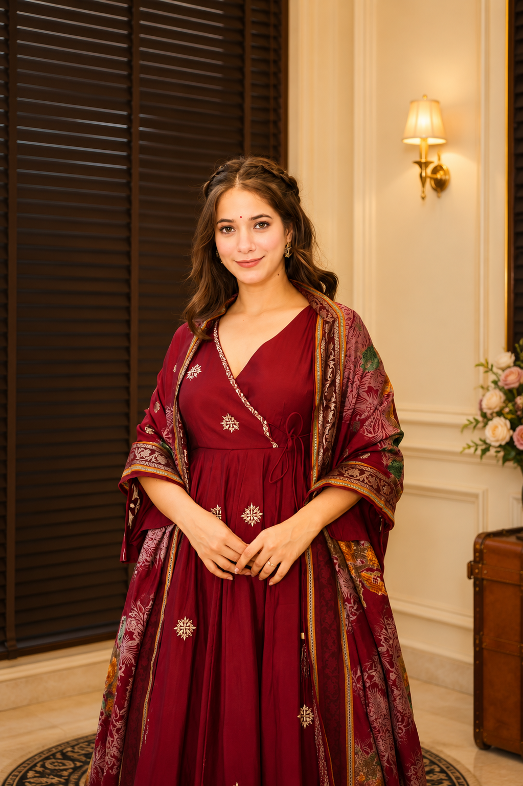 Maroon Embroidered Anarkali Kurta Set with Printed Dupatta
