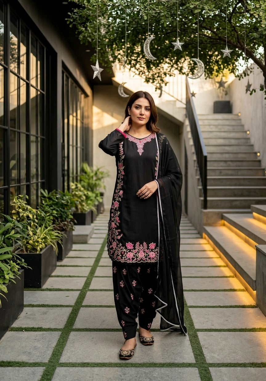 Black Pakistani Embroidered 3 Piece Suit Set | Heavy Thread Work Salwar Suit