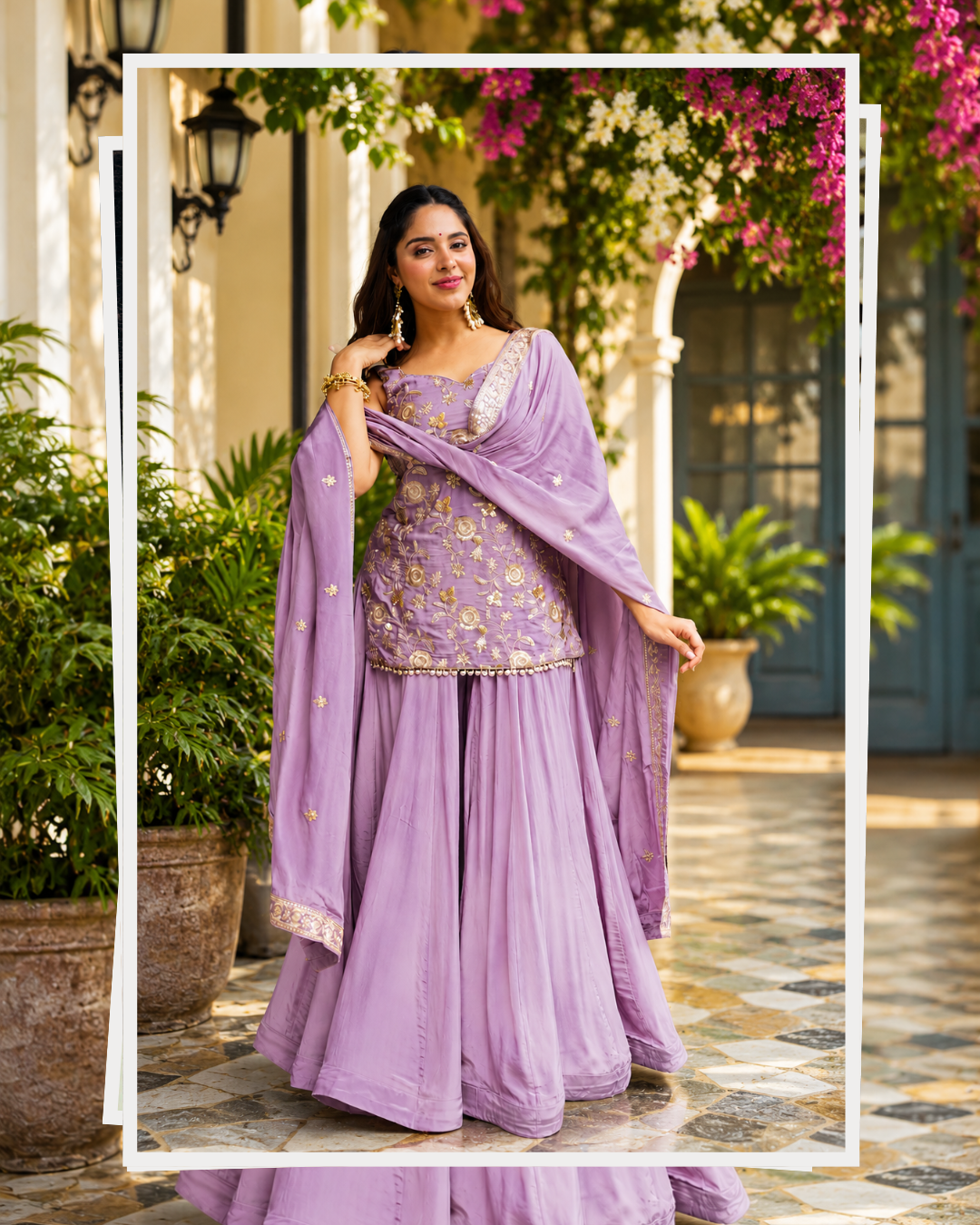 Lavender Embroidered Peplum Sharara Set with Dupatta