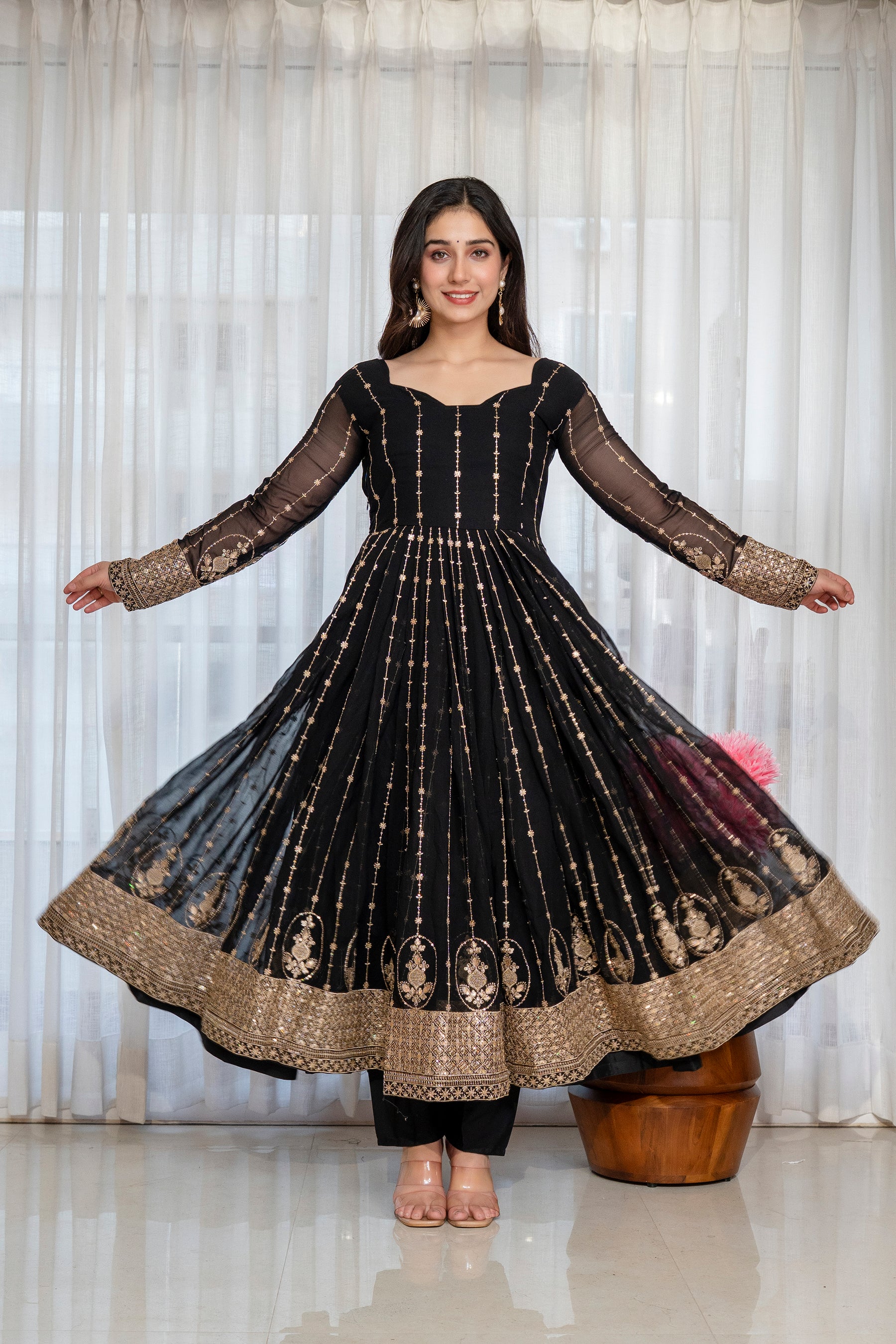 Black & Gold Embroidered Anarkali Gown – Full Flare Ethnic Dress