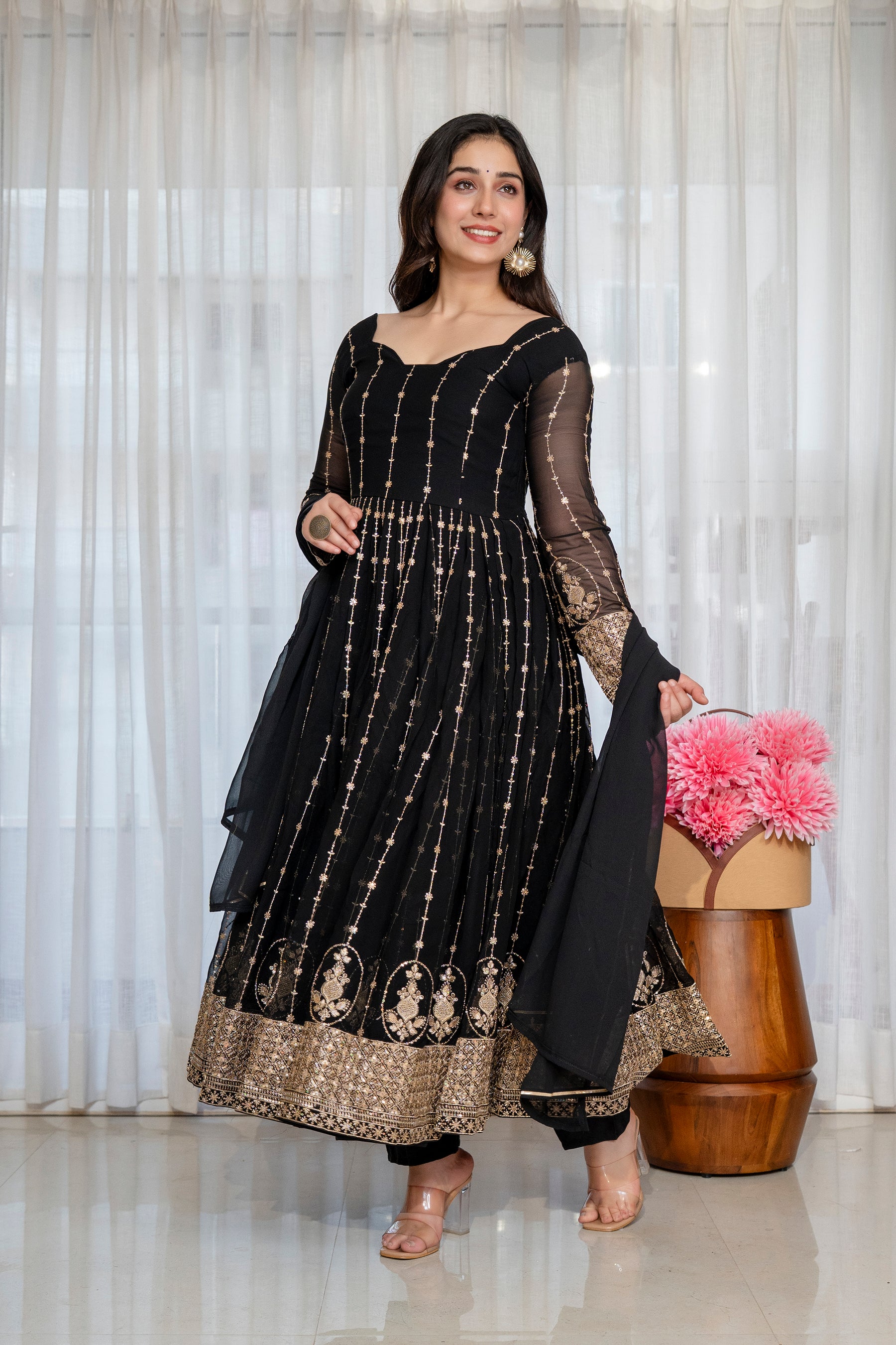 Black & Gold Embroidered Anarkali Gown – Full Flare Ethnic Dress