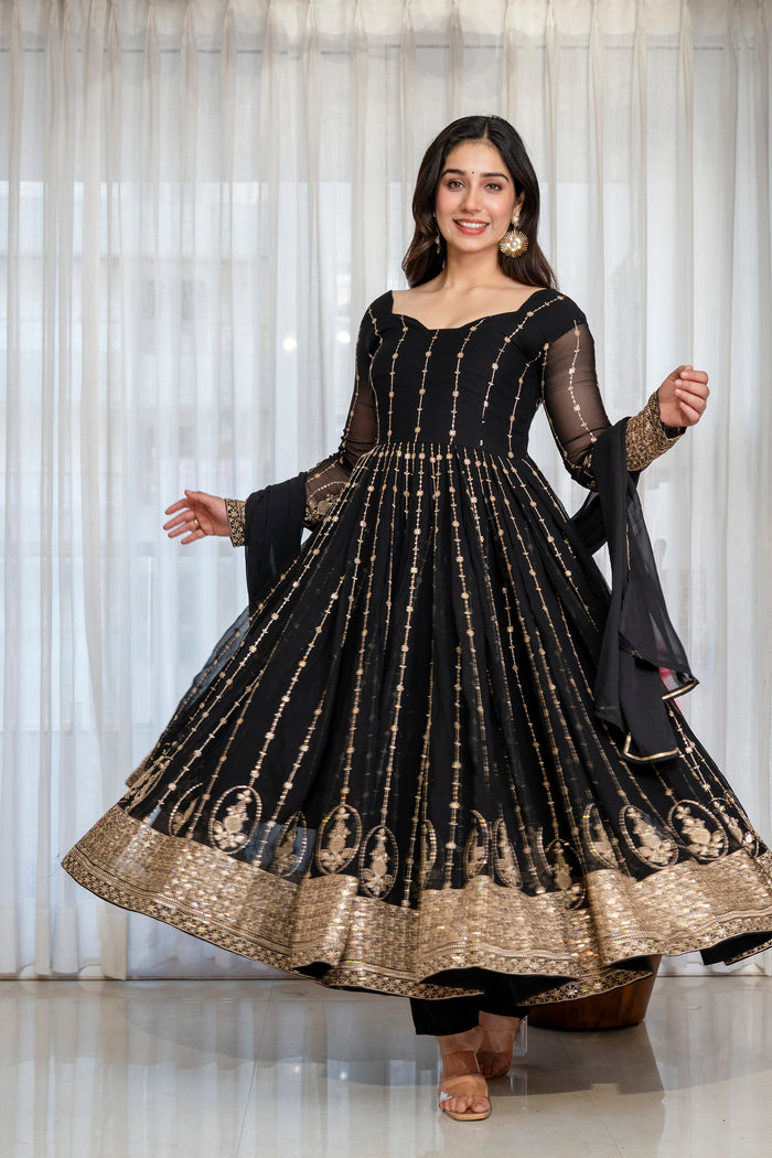 Black & Gold Embroidered Anarkali Gown – Full Flare Ethnic Dress