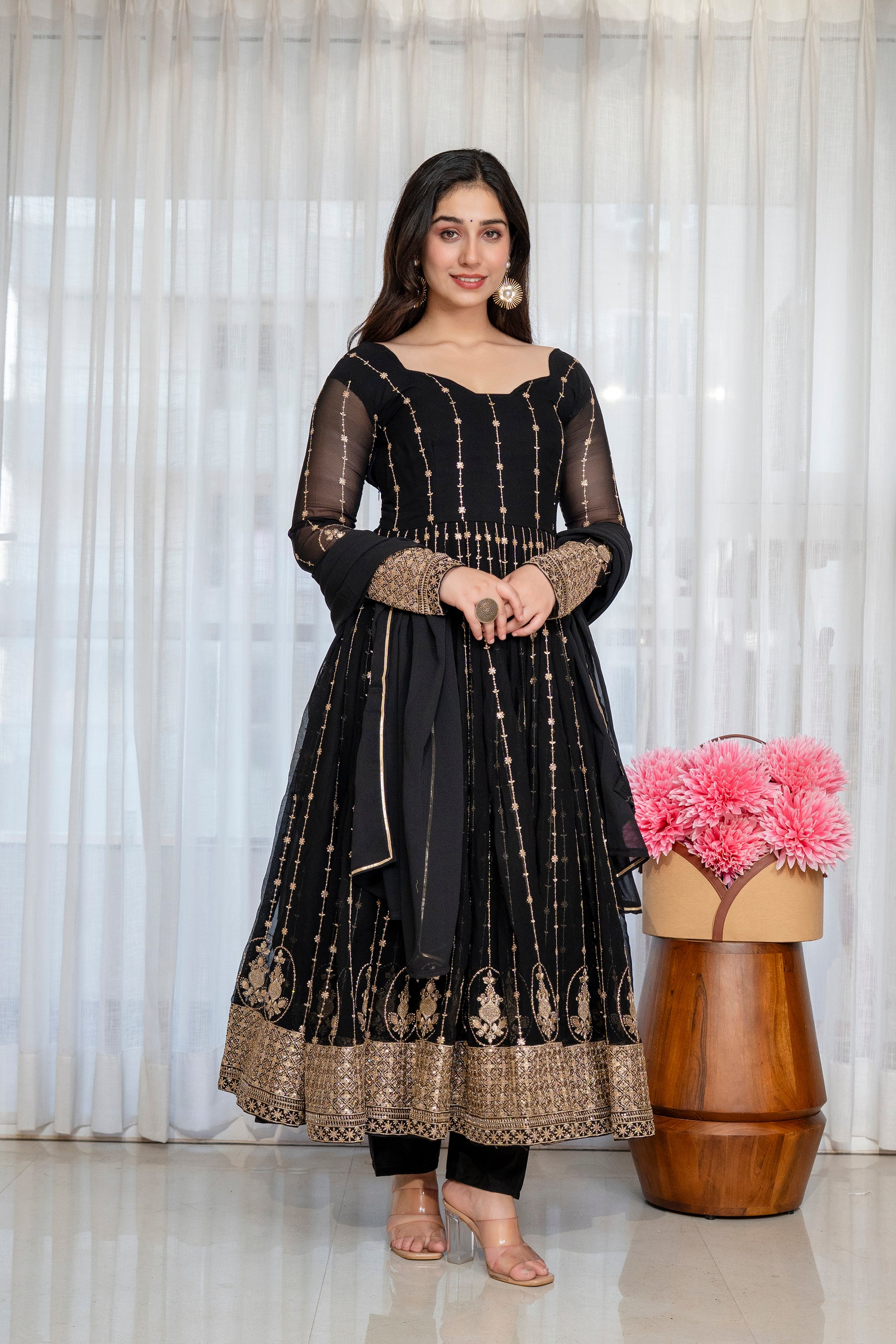 Black & Gold Embroidered Anarkali Gown – Full Flare Ethnic Dress