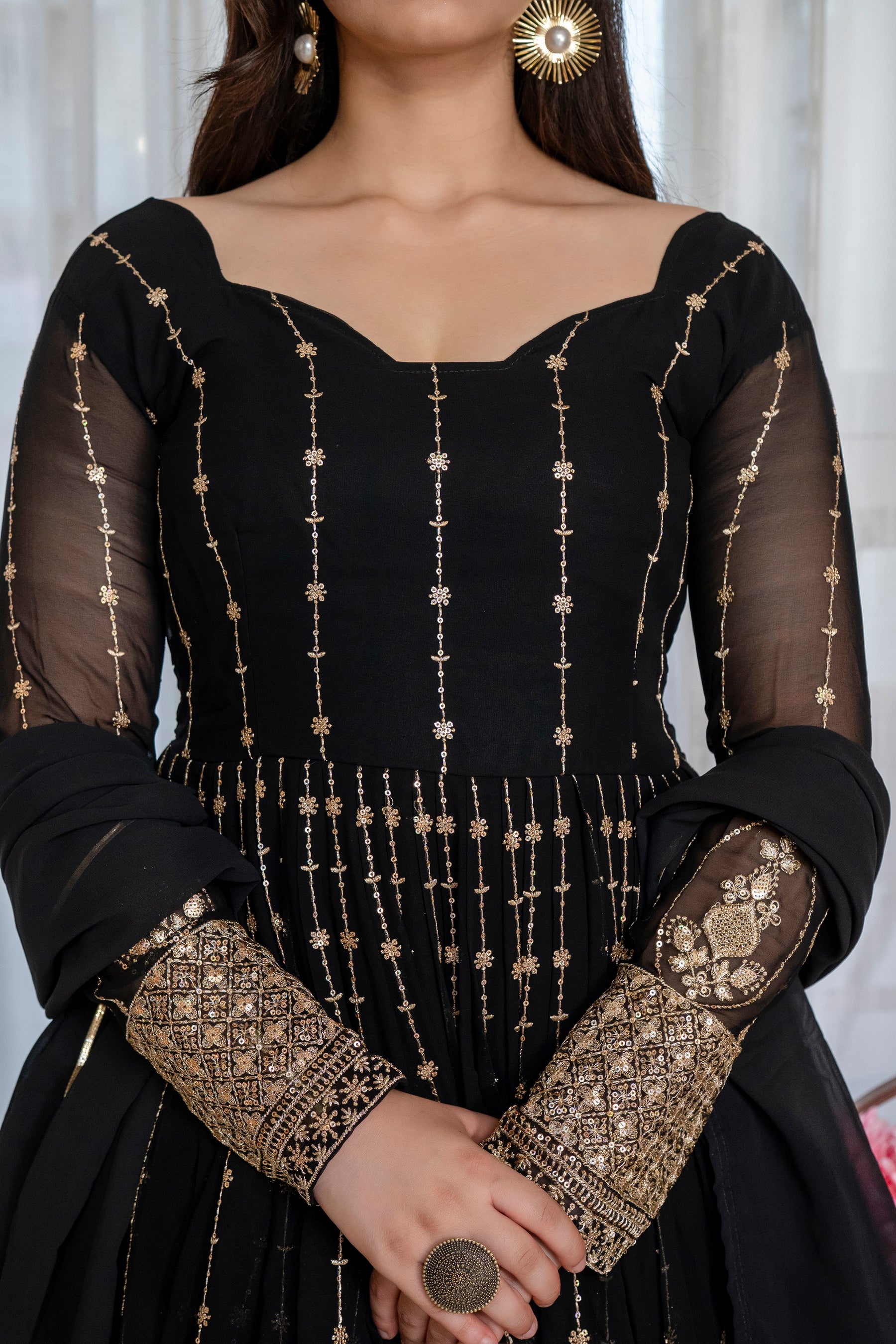 Black & Gold Embroidered Anarkali Gown – Full Flare Ethnic Dress