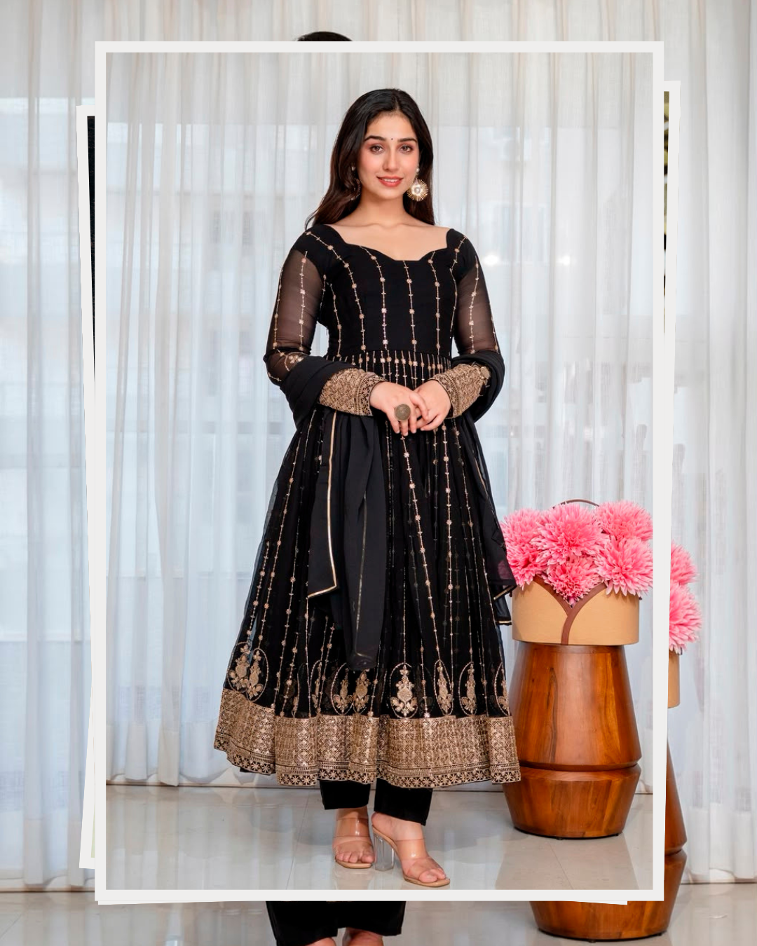 Black & Gold Embroidered Anarkali Gown – Full Flare Ethnic Dress