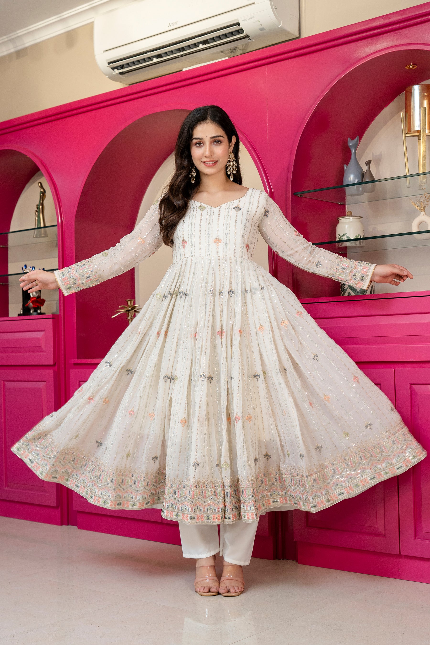 Elegant Ivory Embroidered Anarkali Suit Set with Dupatta