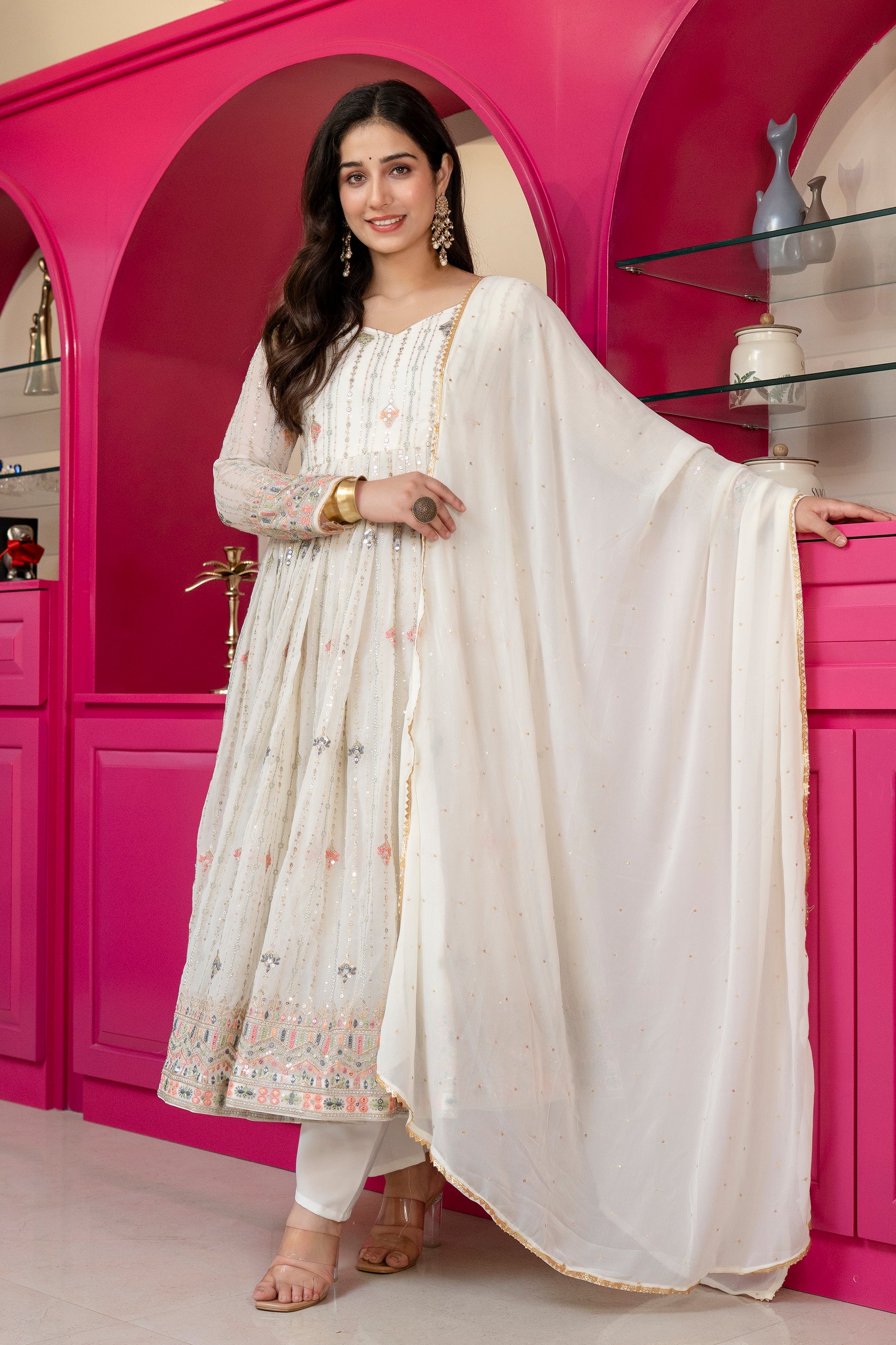 Elegant Ivory Embroidered Anarkali Suit Set with Dupatta