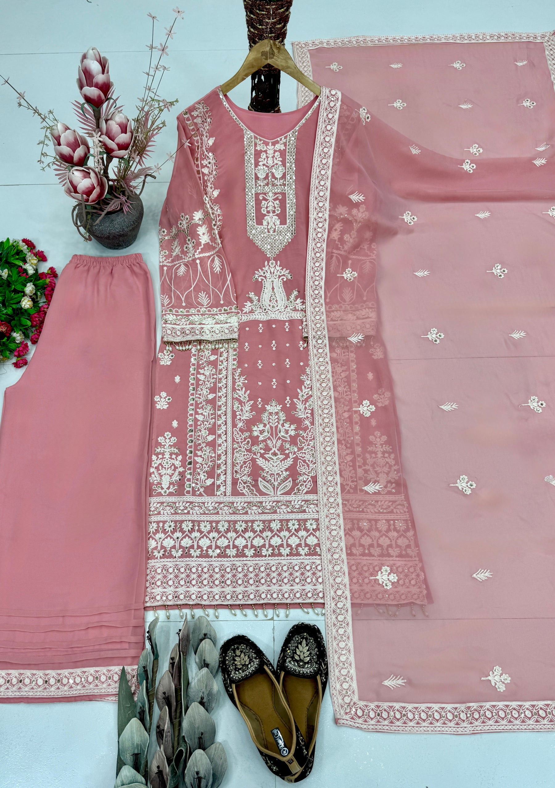 Designer heavy embroidery Chine sequence work 3 piece suit set with faux georgette top, palazzo and dupatta