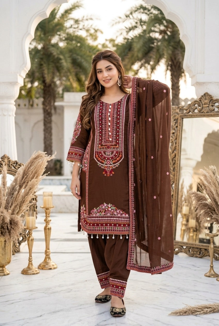 Designer Embroidered Pakistani 3 Piece Suit Set with Dupatta