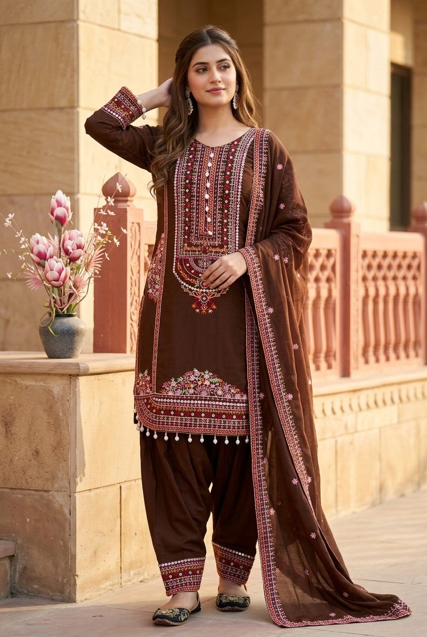 Designer Embroidered Pakistani 3 Piece Suit Set with Dupatta